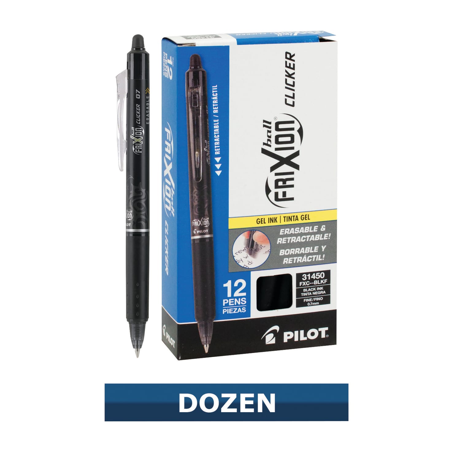 Pilot FriXion Ball Clicker Erasable Retractable Gel Pens, Pack of 12, Fine Point, 0.7 mm, Black Barrels, Black Ink - Image 3