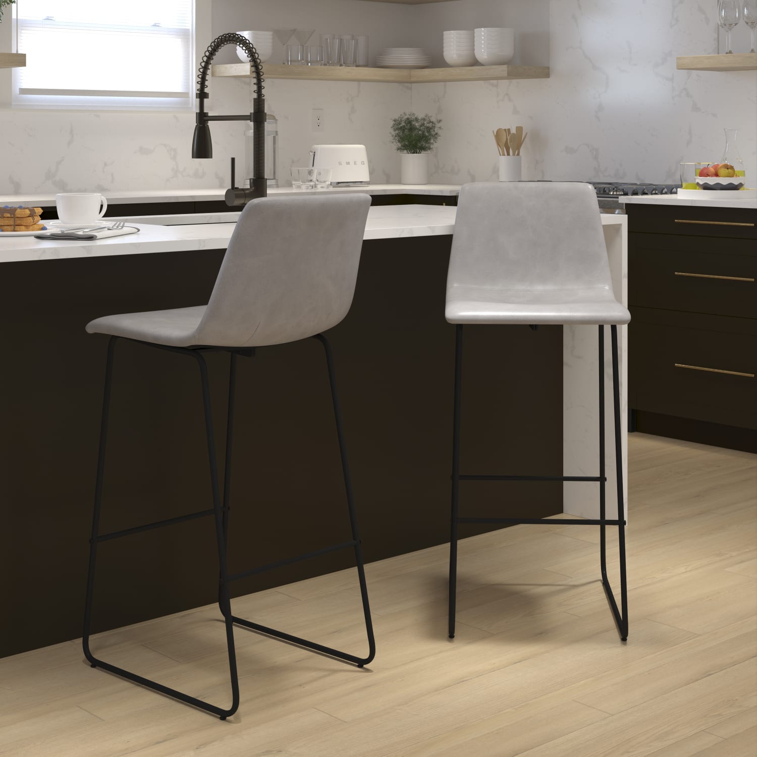 Flash Furniture 30 inch LeatherSoft Bar Height Barstools, Set of 2, Light Gray