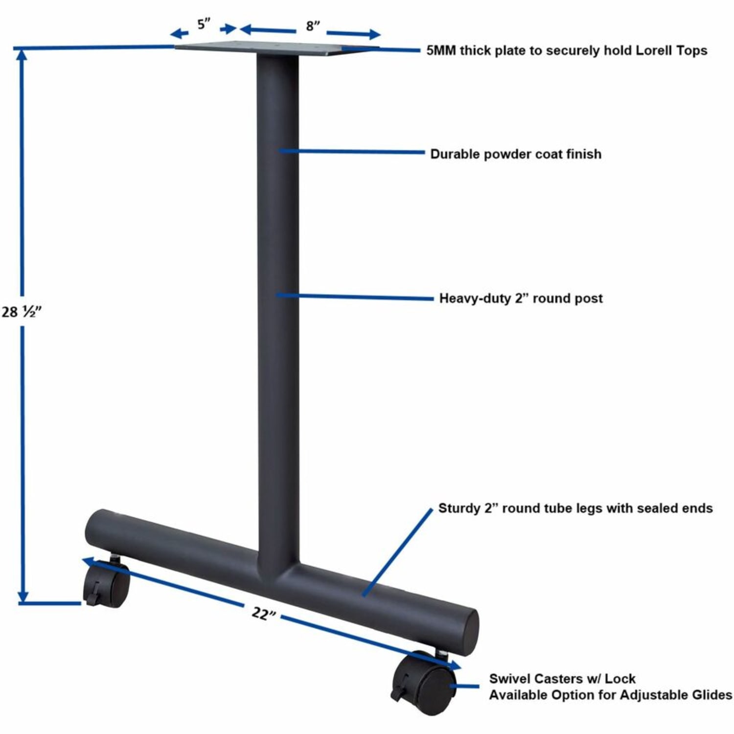 Lorell Invent Training Table Components - Black T-shaped Base - 2 Legs - 28.50in Height x 5in Width x 22in Depth - Training - Assembly Required - 2 / Set - Image 4