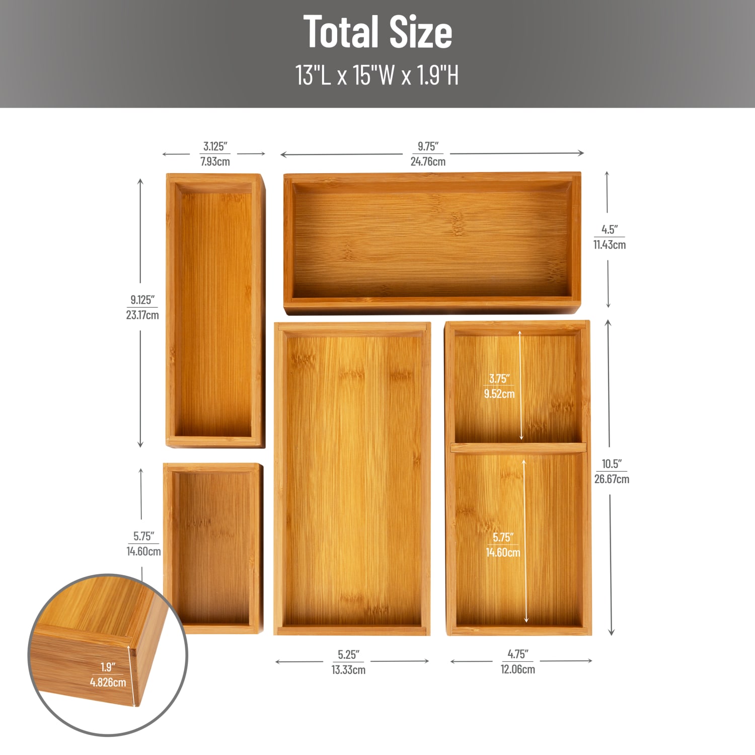 Mind Reader 5-Piece Bamboo Drawer Organizer Set, Brown - Image 4