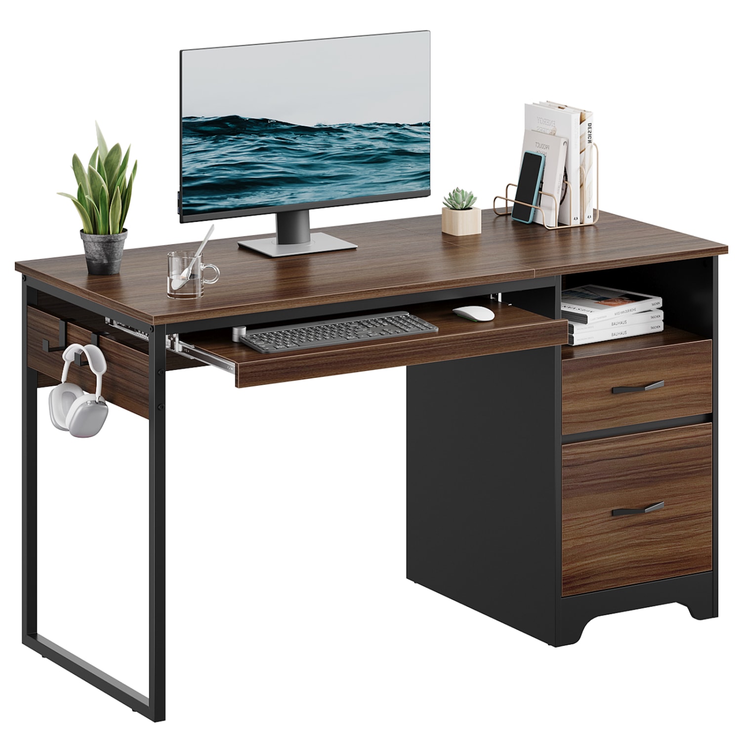 Bestier 48inW Writing Computer Desk with Storage Drawer & Keyboard Tray, Cherry - Image 3