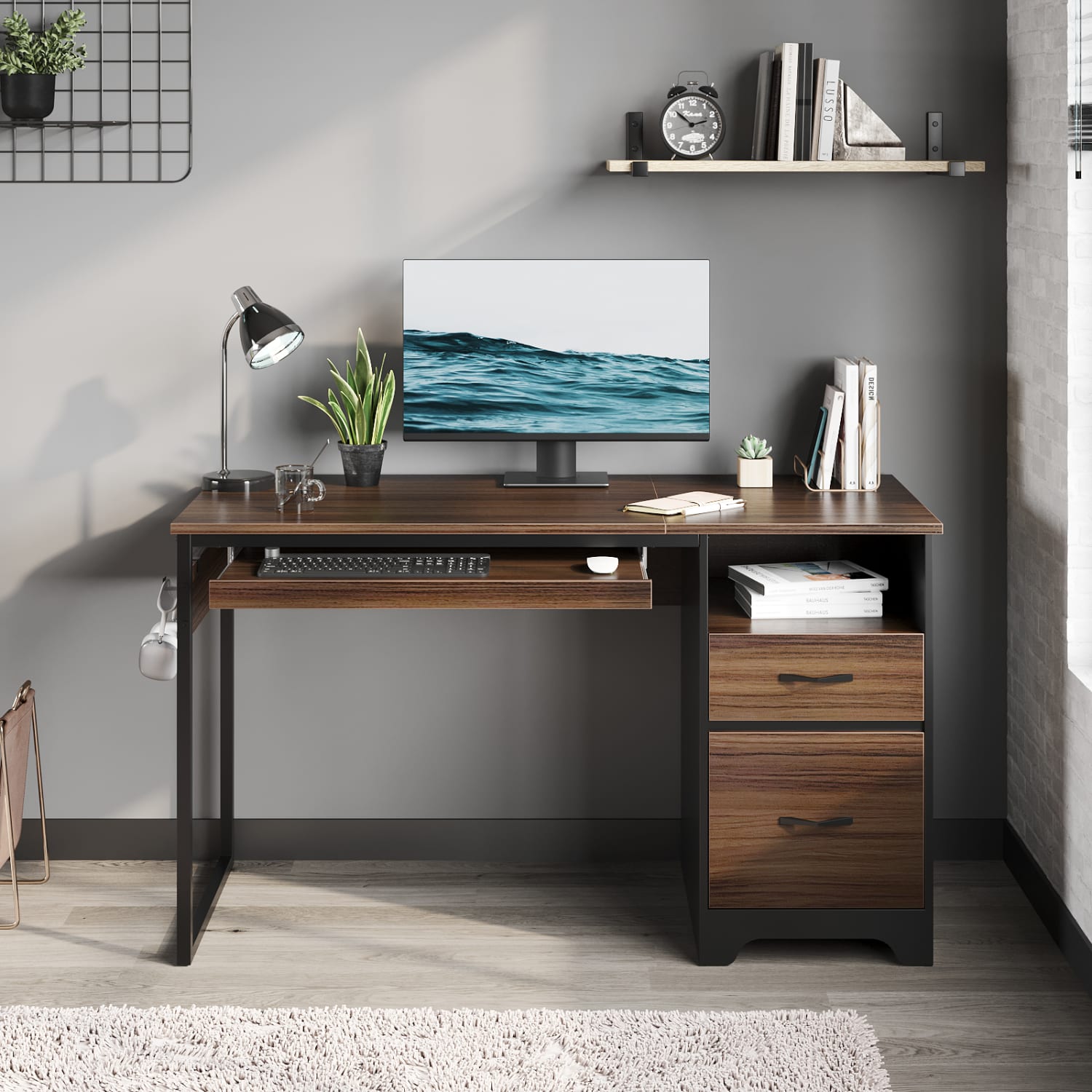 Bestier 48inW Writing Computer Desk with Storage Drawer & Keyboard Tray, Cherry - Image 3