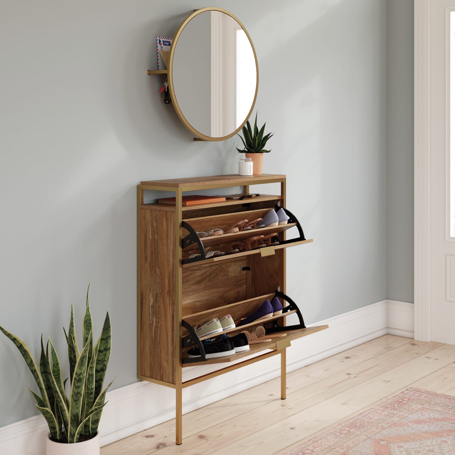 Sauder International Lux 31inW Wall-Mount Entryway Shoe Cabinet With Round Mirror, Sindoori Mango - Image 6