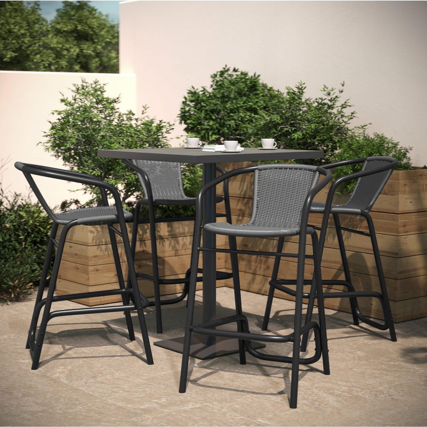 Flash Furniture Lila Set of 4 Commercial Grade Indoor-Outdoor PE Rattan Restaurant Barstools with Aluminum Frames and Footrests, Gray - Image 3