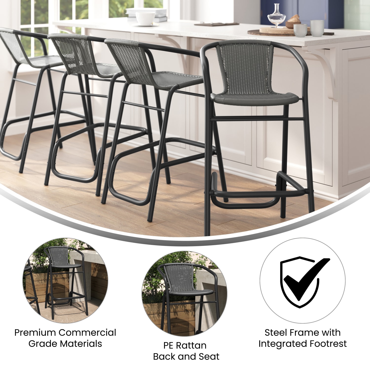 Flash Furniture Lila Set of 4 Commercial Grade IndoorOutdoor PE Rattan Restaurant Barstools with Aluminum Frames and Footrests Gray PopularChairscom Flash Furniture Lila Set of 4 Commercial Grade Indoor Outdoor PE Rattan Restaurant Barstools with Aluminum Frames and Footrests Gray PopularChairscom