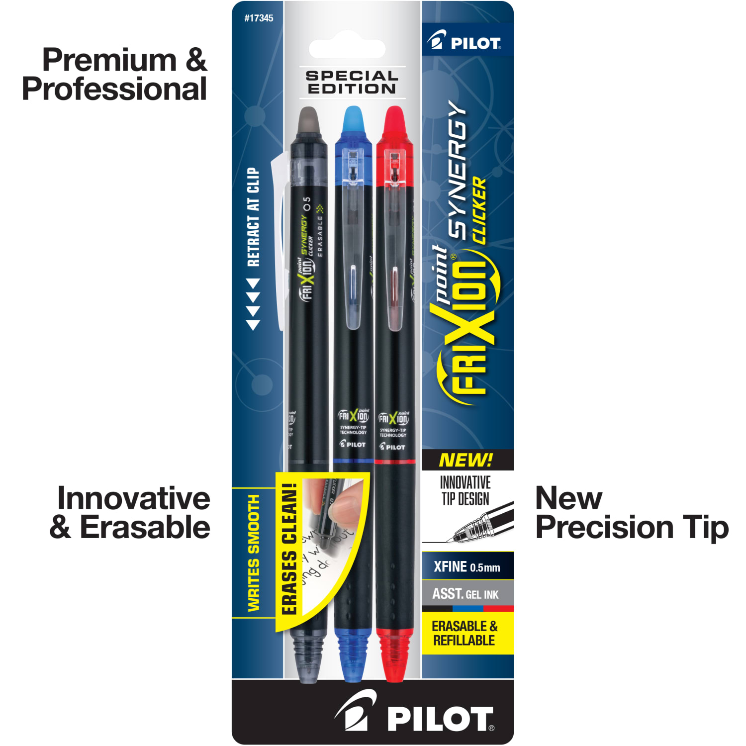 Pilot FriXion Synergy Clicker Erasable Retractable Gel Pens, Pack of 3, Extra-Fine Point, 0.5 mm, Black Barrel, Assorted Inks - Image 3