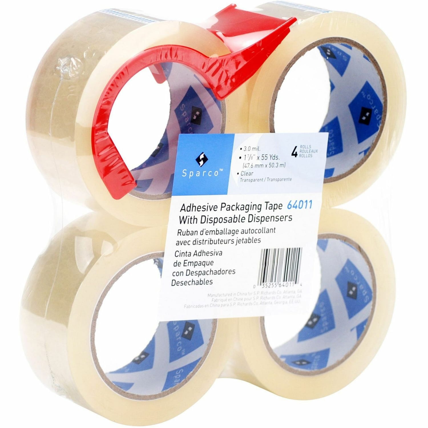 Sparco Heavy-duty Packaging Tape with Dispenser - 2in Width x 55 yd Length - 3in Core - 3 mil - Rubber Resin Backing - Dispenser Included - 4 / Pack - Clear - Image 3