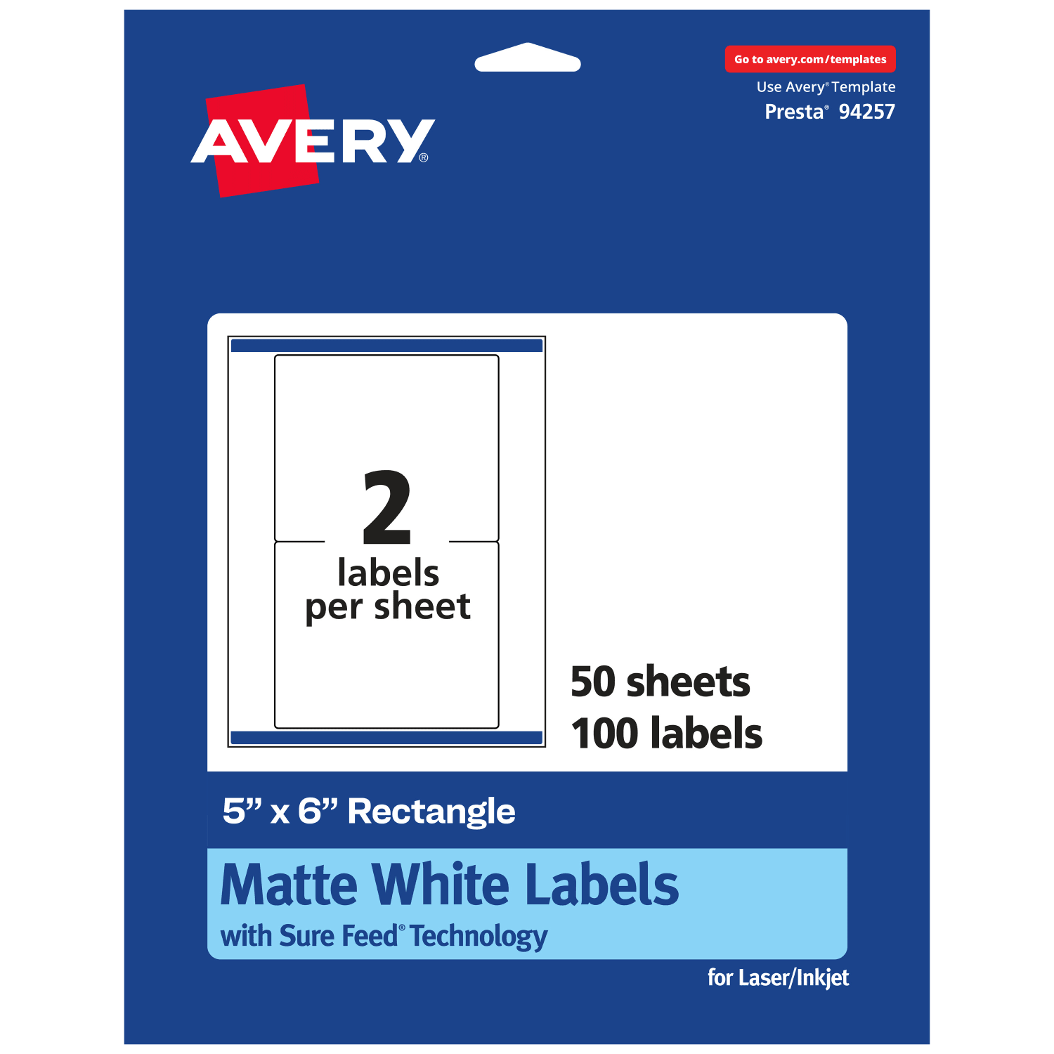 Avery Permanent Labels With Sure Feed, 94257-WMP50, Rectangle, 5in x 6in, White, Pack Of 100