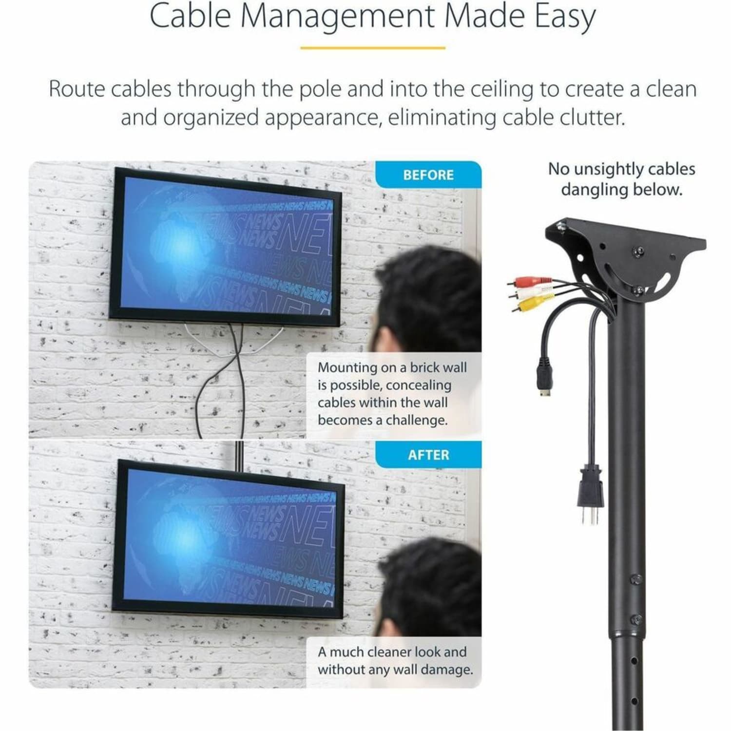 StarTech.com Ceiling TV Mount For 32 to 75in TVs, 3.5ft to 5ft Pole - Image 4
