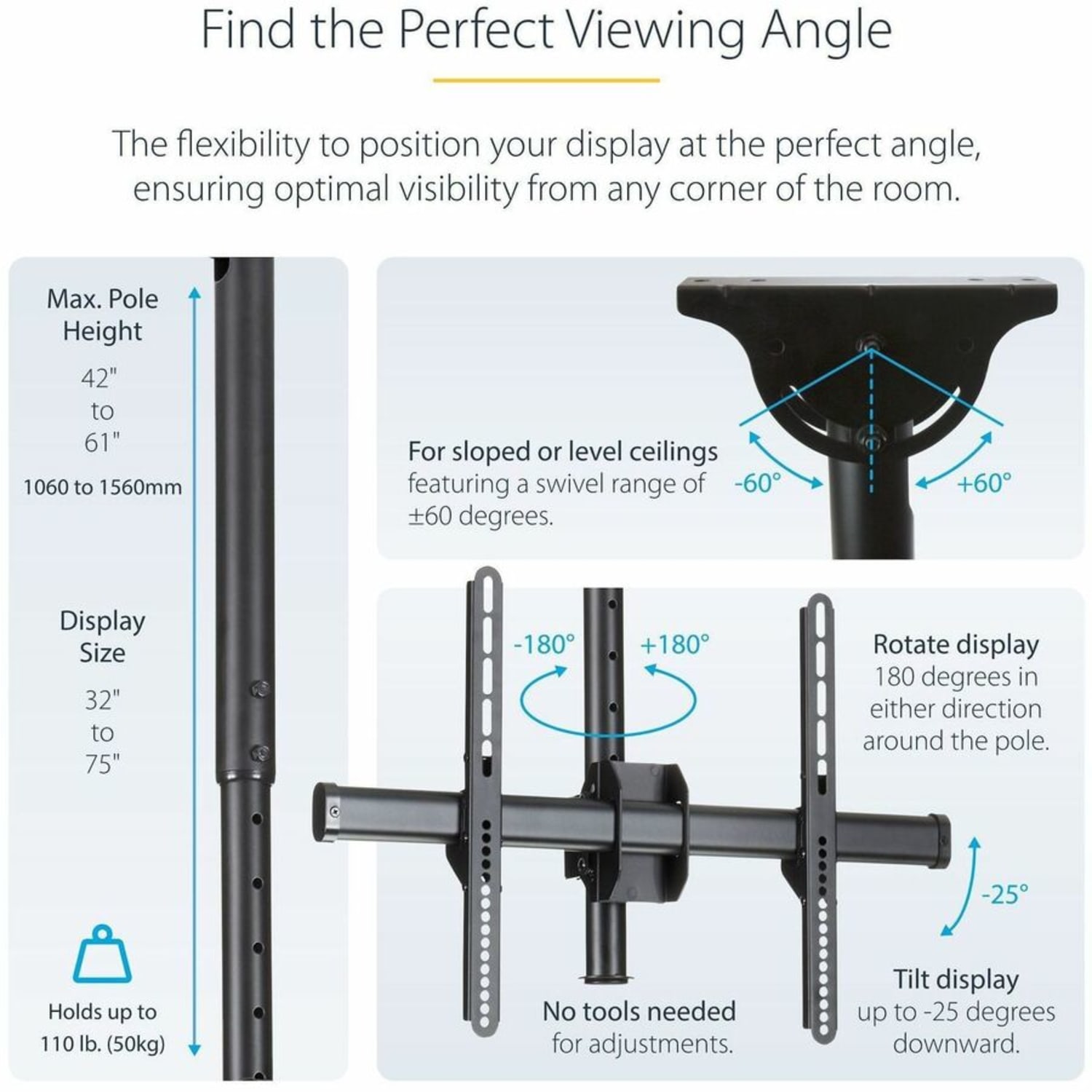 StarTech.com Ceiling TV Mount For 32 to 75in TVs, 3.5ft to 5ft Pole - Image 5