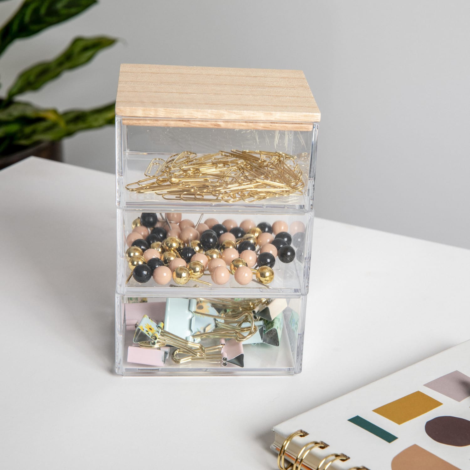 Martha Stewart Brody Plastic Storage Organizer Bins With Lid, 2inH x 3inW x 3-3/4inD, Clear/Light Natural, Set Of 3 Bins - Image 6
