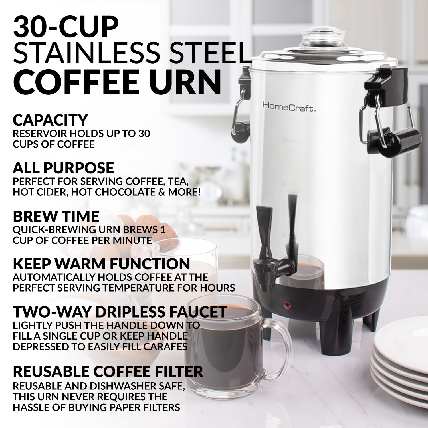 Nostalgia Electrics HomeCraft Quick-Brewing 1,000-Watt Automatic 30-Cup Coffee Urn, Stainless Steel - Image 5