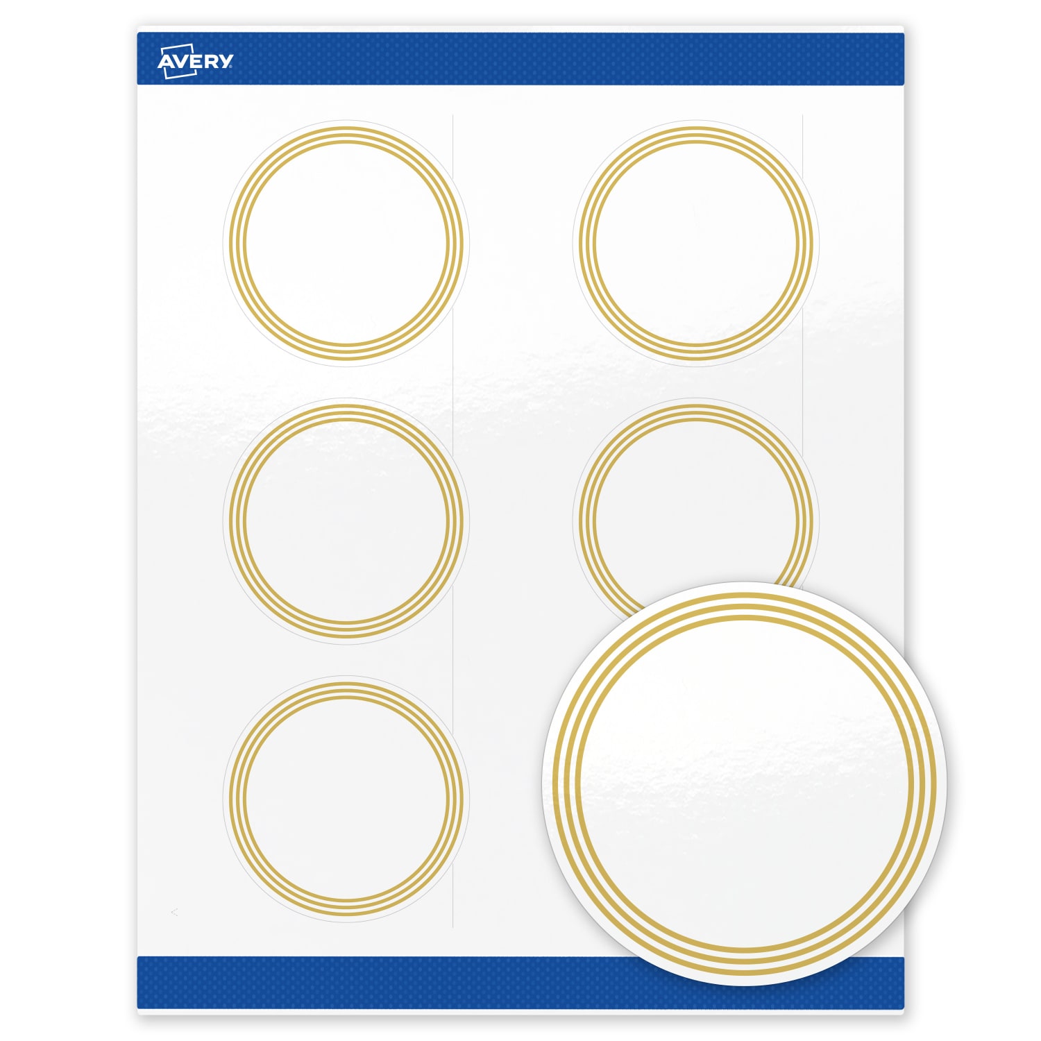 Avery Print-To-The-Edge Labels & Sure Feed, S00-DHH-PRWGP10, 3in Round, Glossy White, Preprinted Multi-Lined Gold Border Design, Pack Of 60 - Image 3