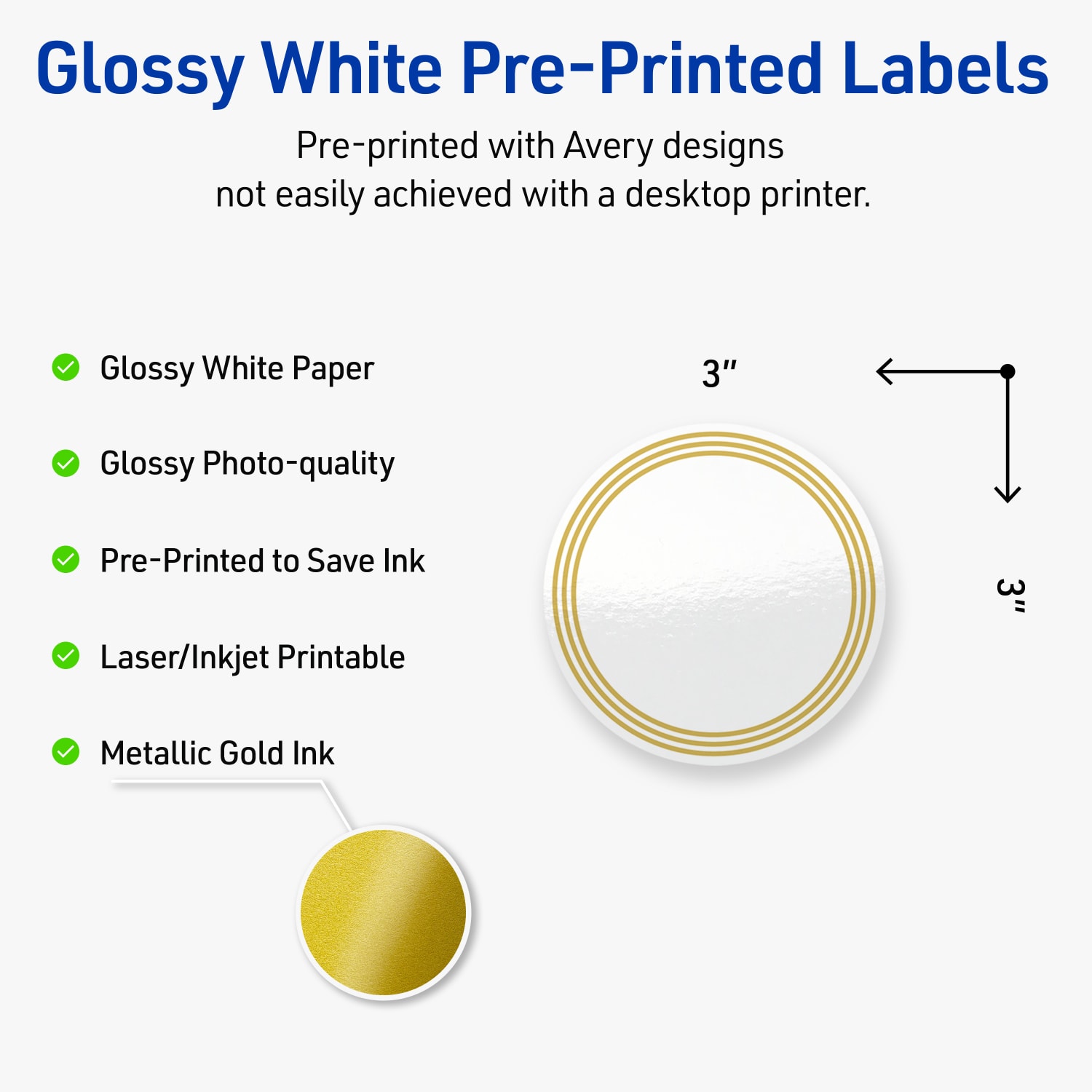 Avery Print-To-The-Edge Labels & Sure Feed, S00-DHH-PRWGP10, 3in Round, Glossy White, Preprinted Multi-Lined Gold Border Design, Pack Of 60 - Image 4