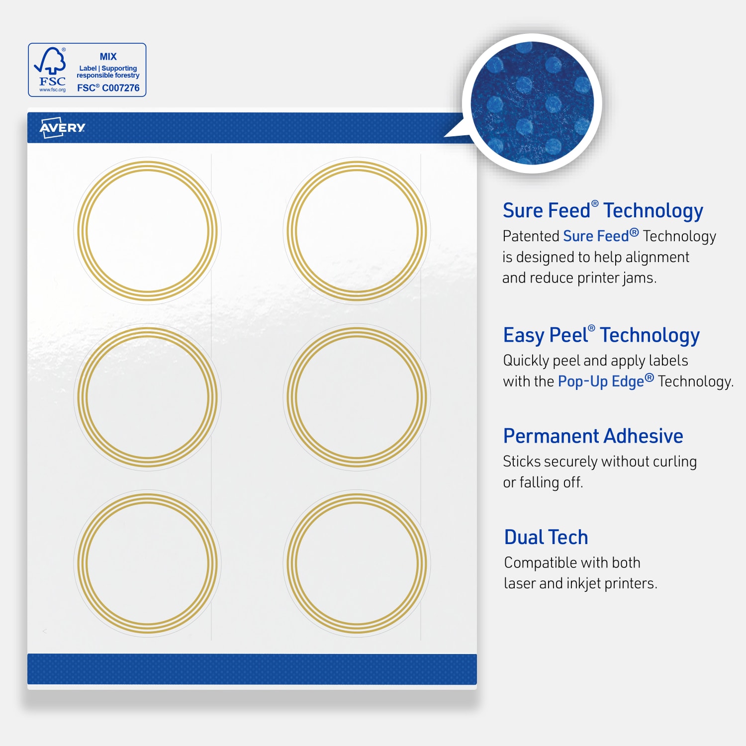 Avery Print-To-The-Edge Labels & Sure Feed, S00-DHH-PRWGP10, 3in Round, Glossy White, Preprinted Multi-Lined Gold Border Design, Pack Of 60 - Image 5
