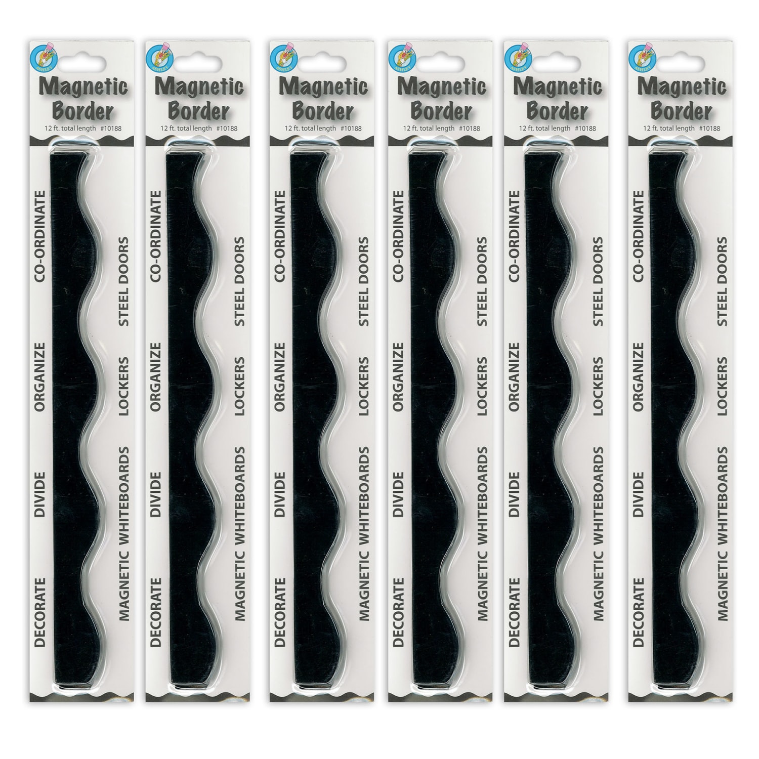 Ashley Productions Magnetic Scallop Borders, 1' x 12in, Black, 12 Borders Per Pack, Set Of 6 Packs