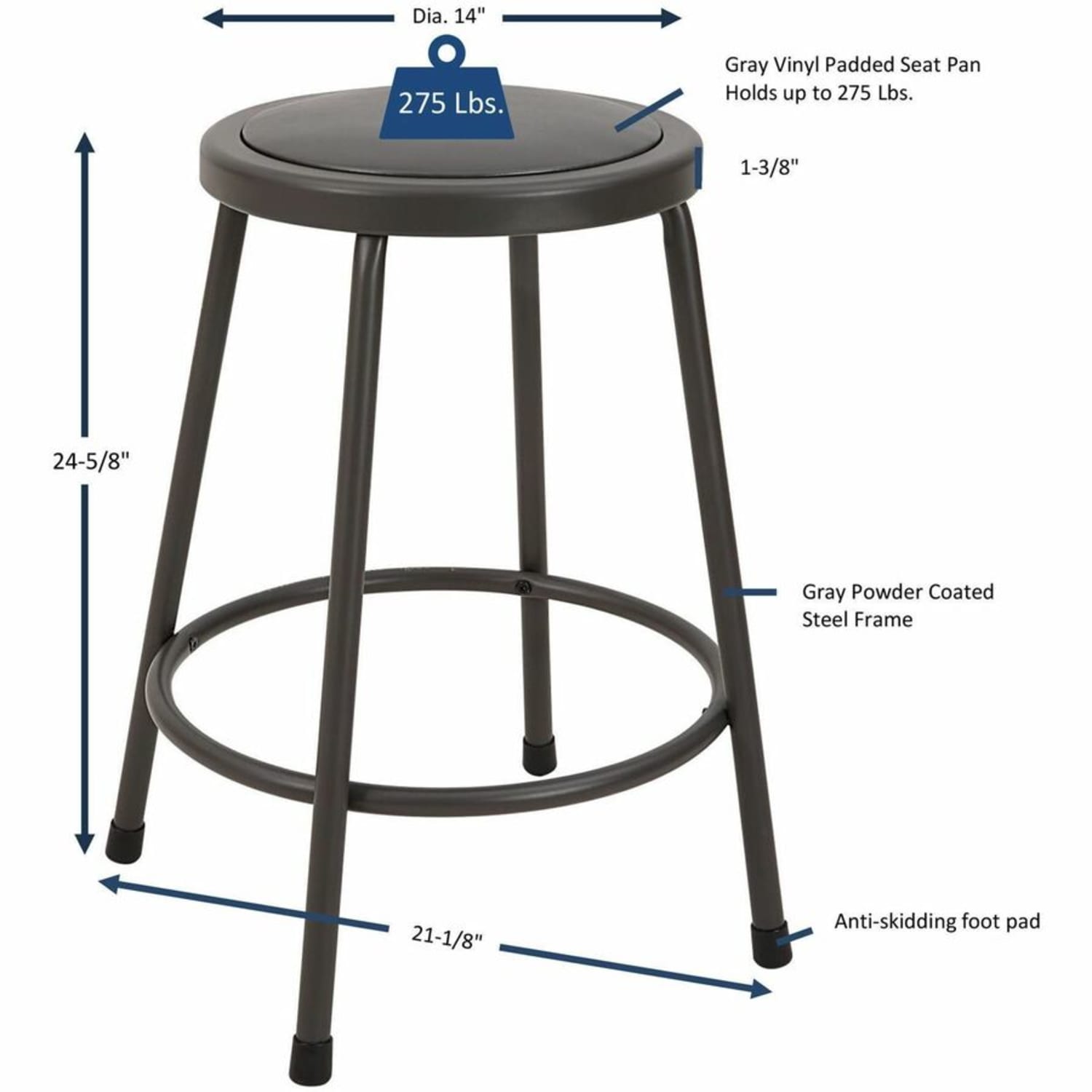 Lorell Metal Shop Stool - Vinyl Seat Material - Light Gray - Metal - 1 Each - Image 4