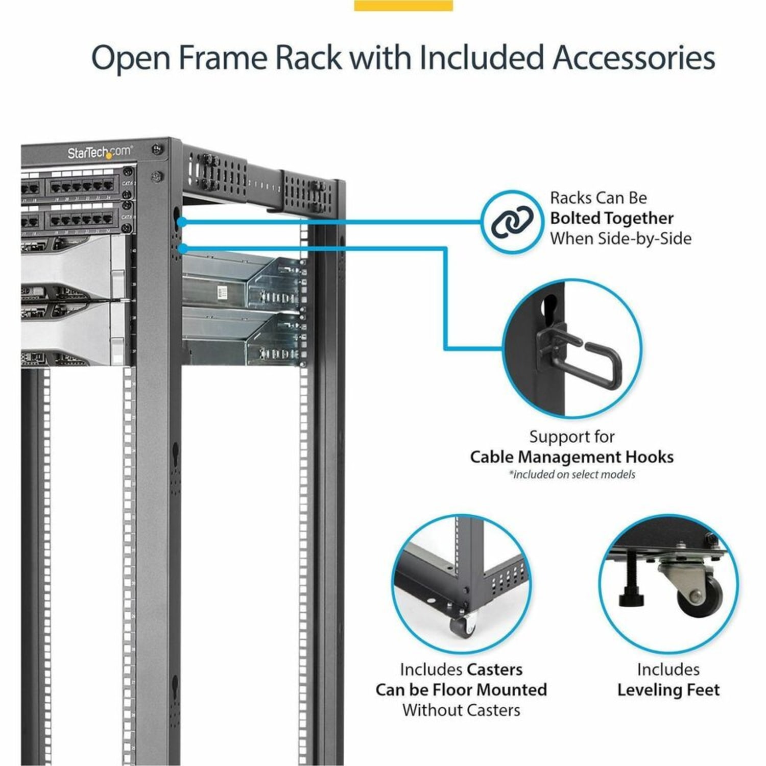 StarTech.com 4-Post 8U Mobile Open Frame Server Rack, 19in Network Rack with Casters, Small Rolling Rack  - 4POSTRACK8U - Image 6