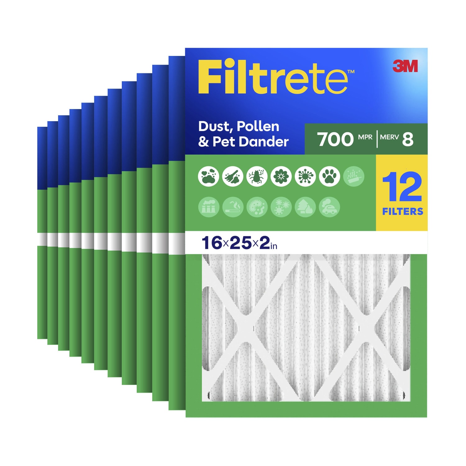Filtrete 16 x 25 x 2 Air Filter, 12 HVAC Filters, MPR 700, MERV 8, Optimized HVAC Airflow, Dust, Pollen & Pet Dander, 3 Month AC and Furnace Filters