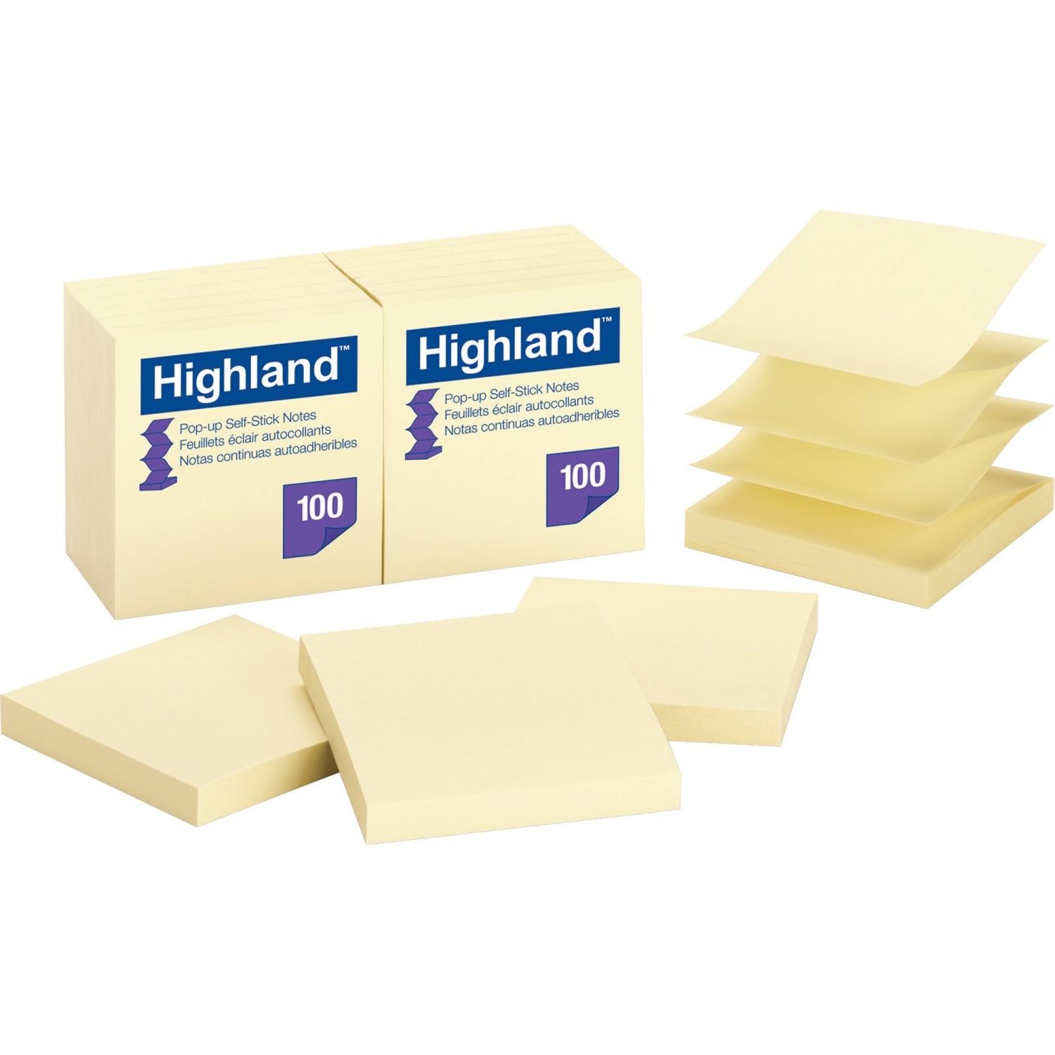 Highland Repositionable Pop-up Notes, 3in x 3in, Yellow, 100 Sheets per Pad, 12 Pads