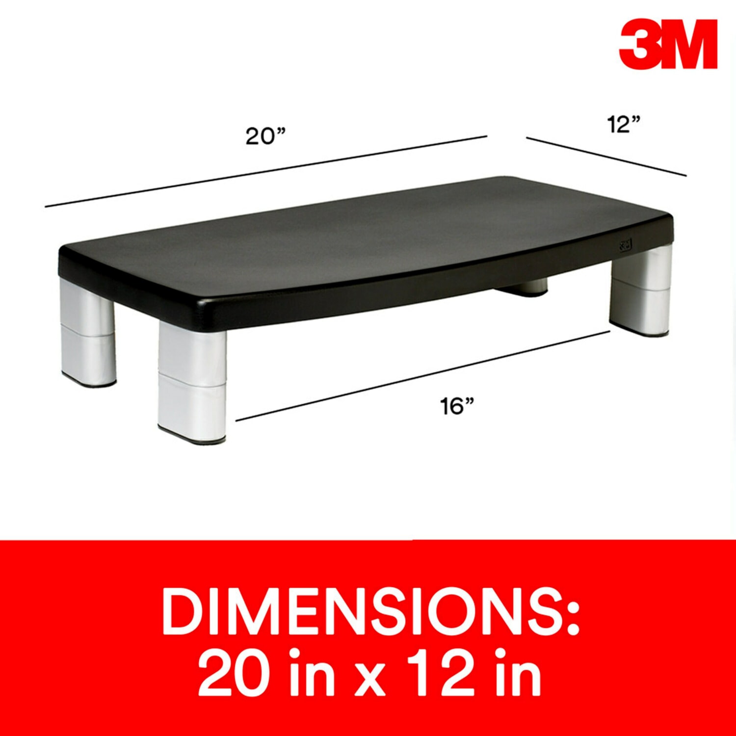 3M Monitor Stand, 5 7/8in x 20 1/2in x 12 1/2in, MS90B, Black/Silver - Image 3
