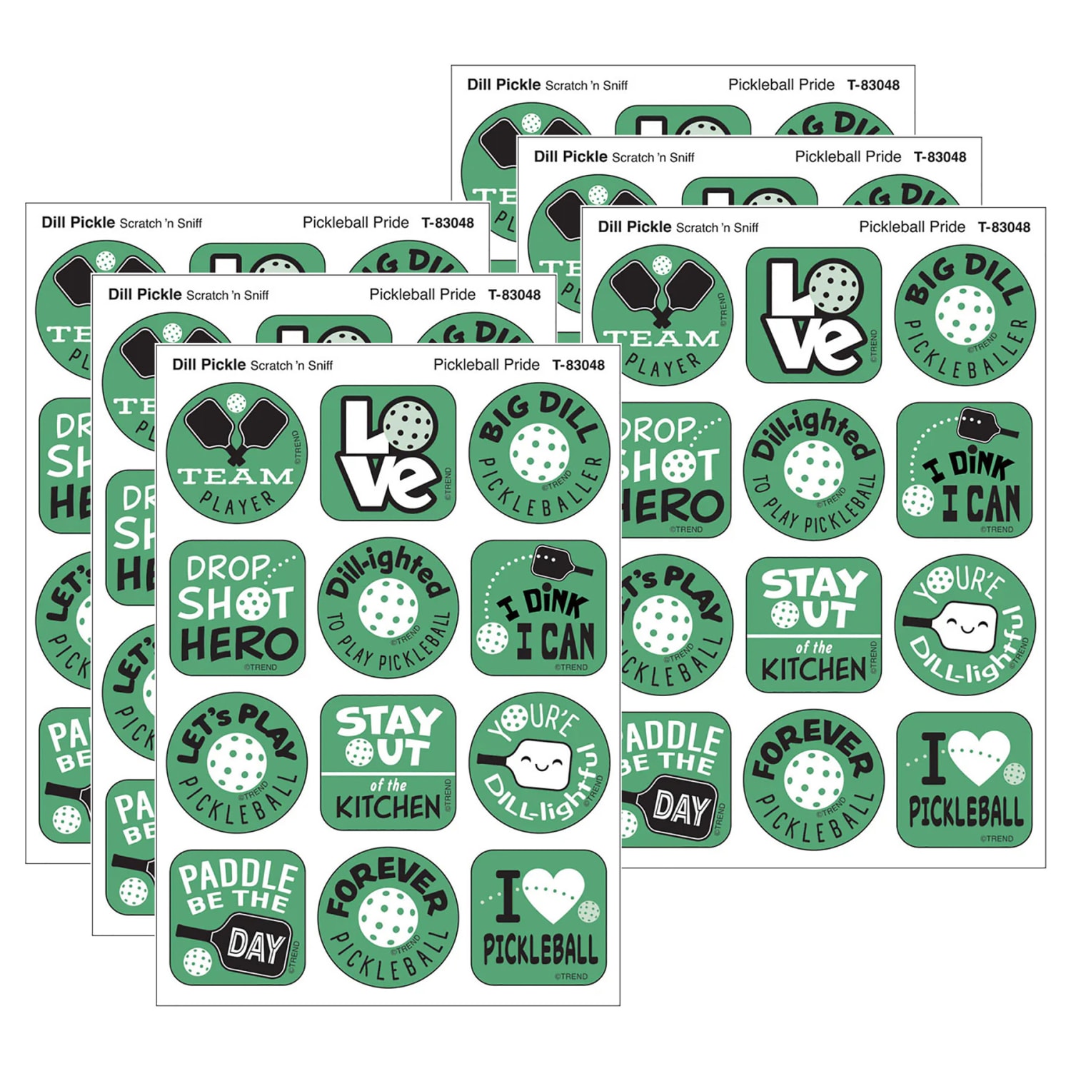 TREND Stinky Stickers, Pickleball DILL-ight, Dill Pickle Scent, 48 Per Pack, Set Of 6 Packs