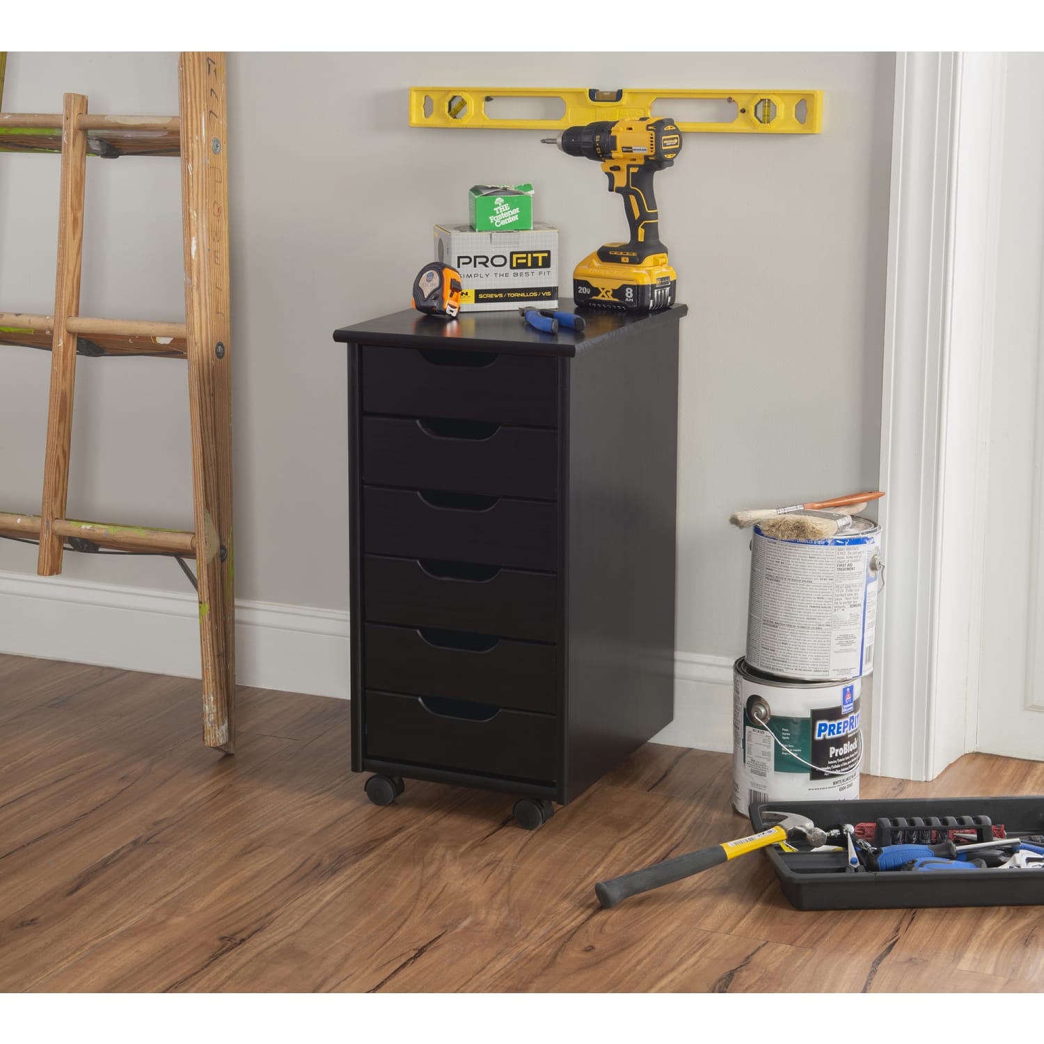 Linon Casimer 6-Drawer Rolling Home Office Storage Cart, Black - Image 3