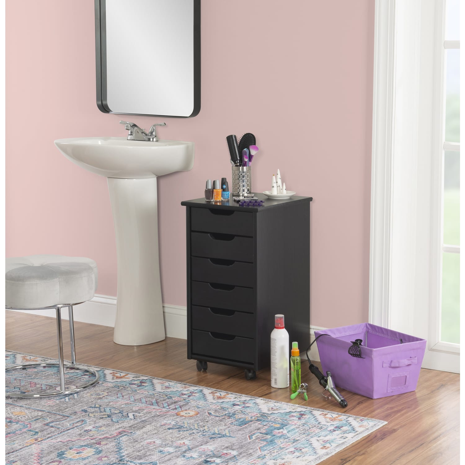 Linon Casimer 6-Drawer Rolling Home Office Storage Cart, Black - Image 5