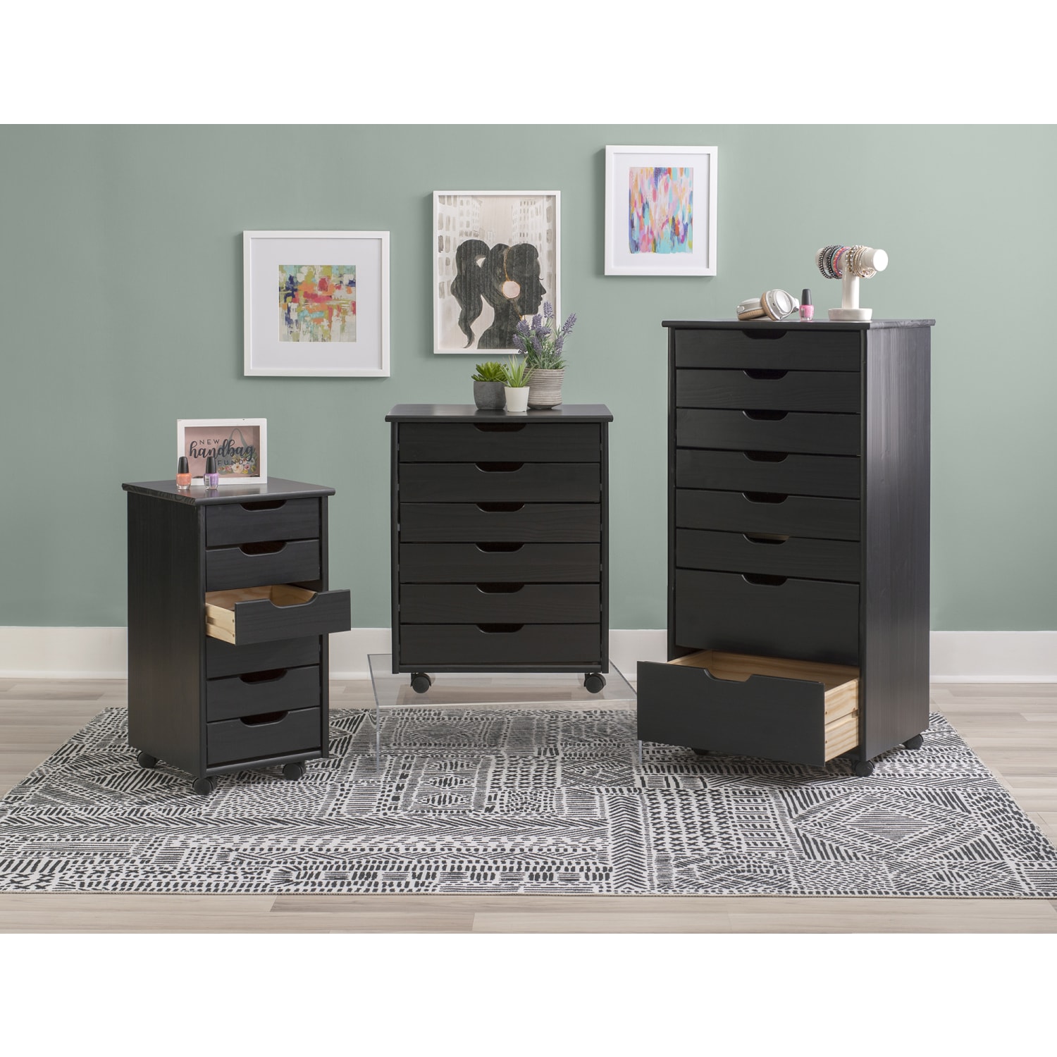 Linon Casimer 6-Drawer Rolling Home Office Storage Cart, Black - Image 6