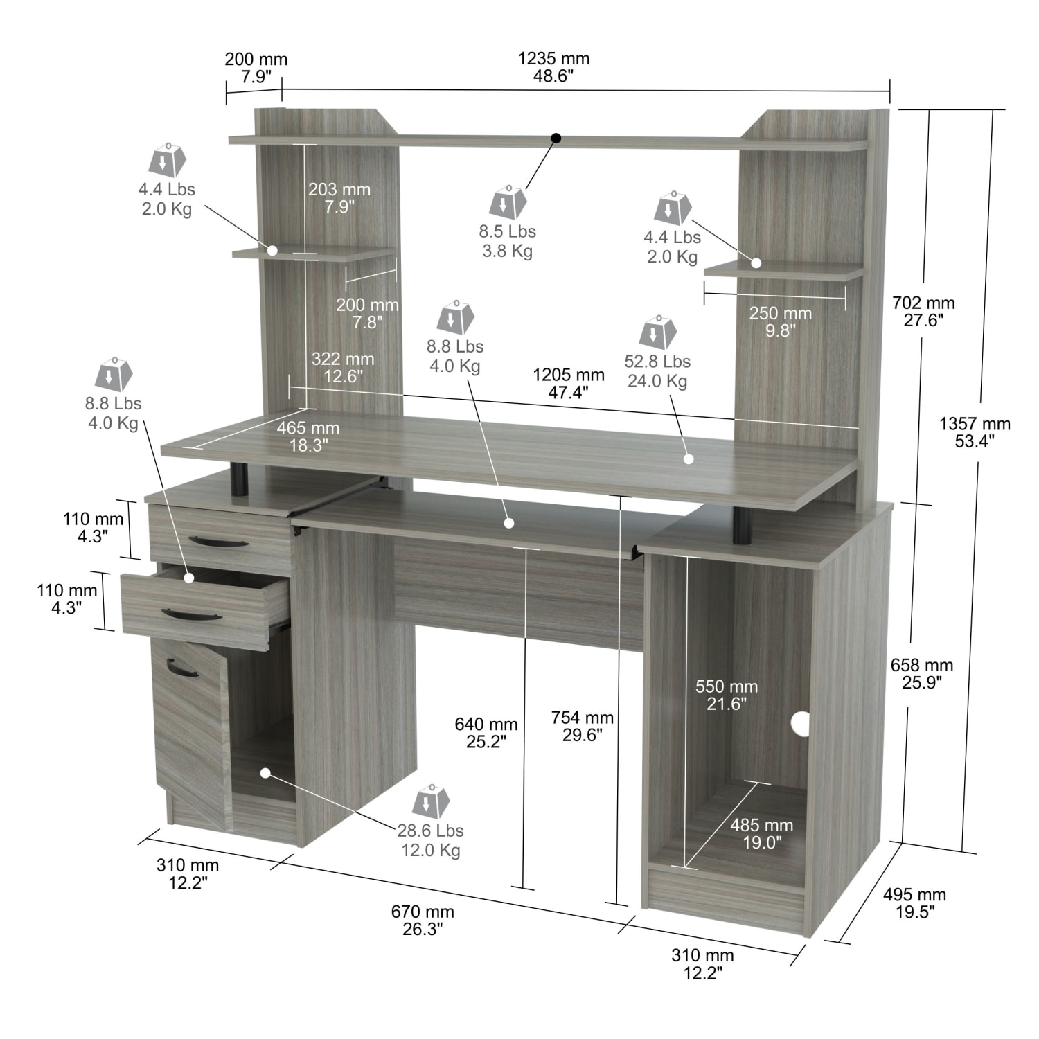 Inval 48inW Computer Work Center With Hutch, Smoke Oak - Image 6