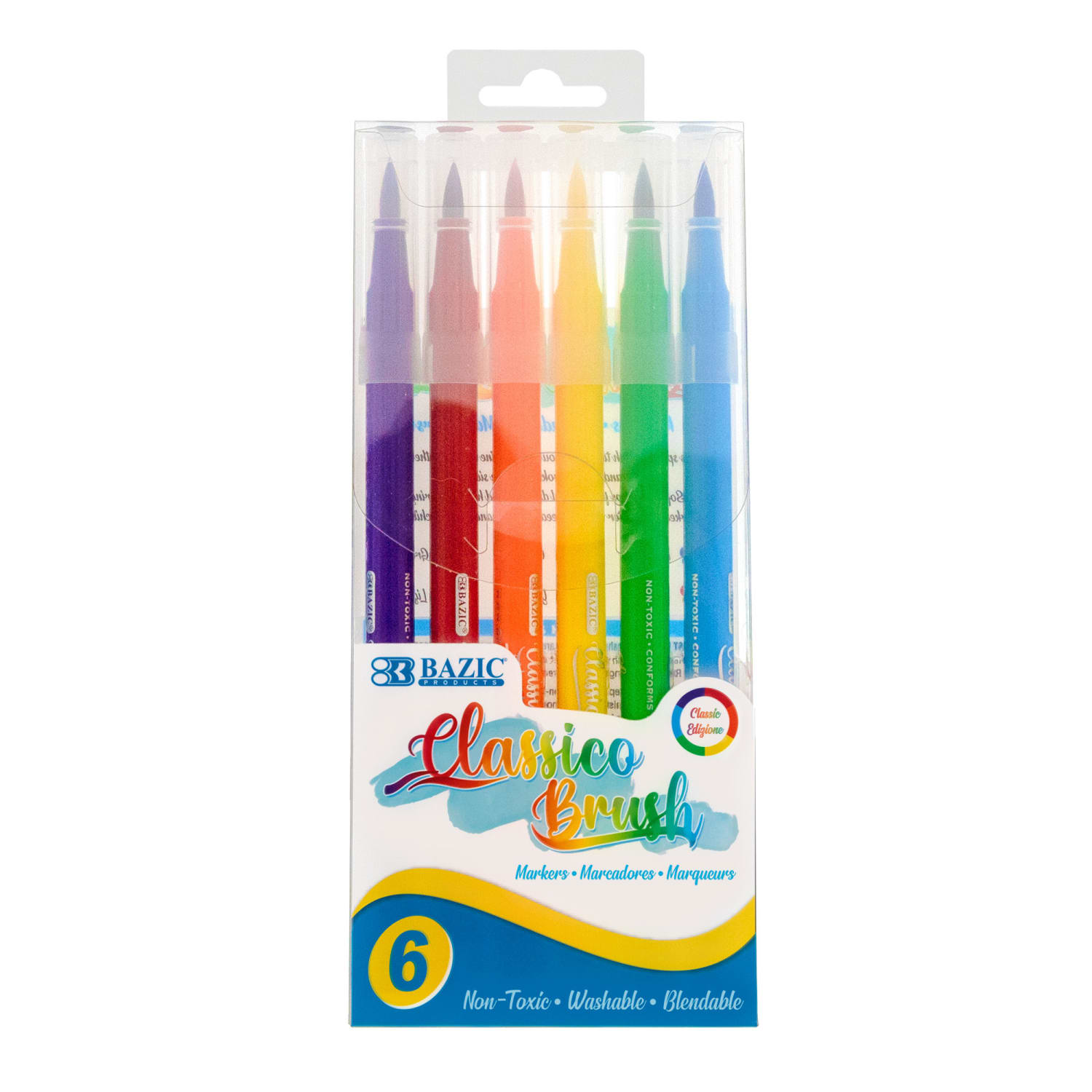 BAZIC Products Washable Brush Markers, Classic Colors, 6 Per Pack, Set Of 12 Packs - Image 3