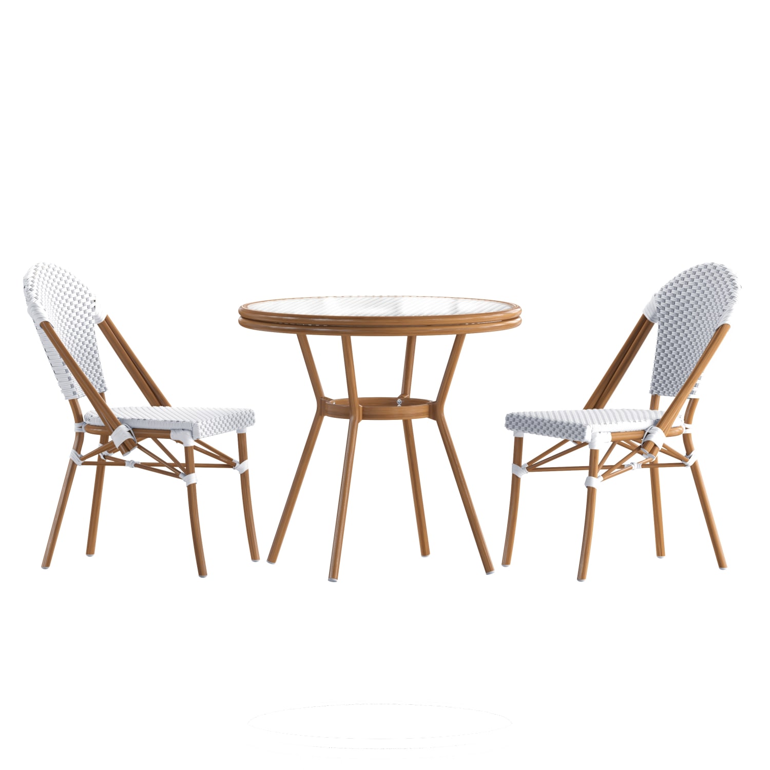 Flash Furniture Lourdes Indoor/Outdoor Commercial Bistro 31.5in Table, PE Rattan, Glass Top with 2 Stack Chairs, White & Gray Rattan/Natural Frame