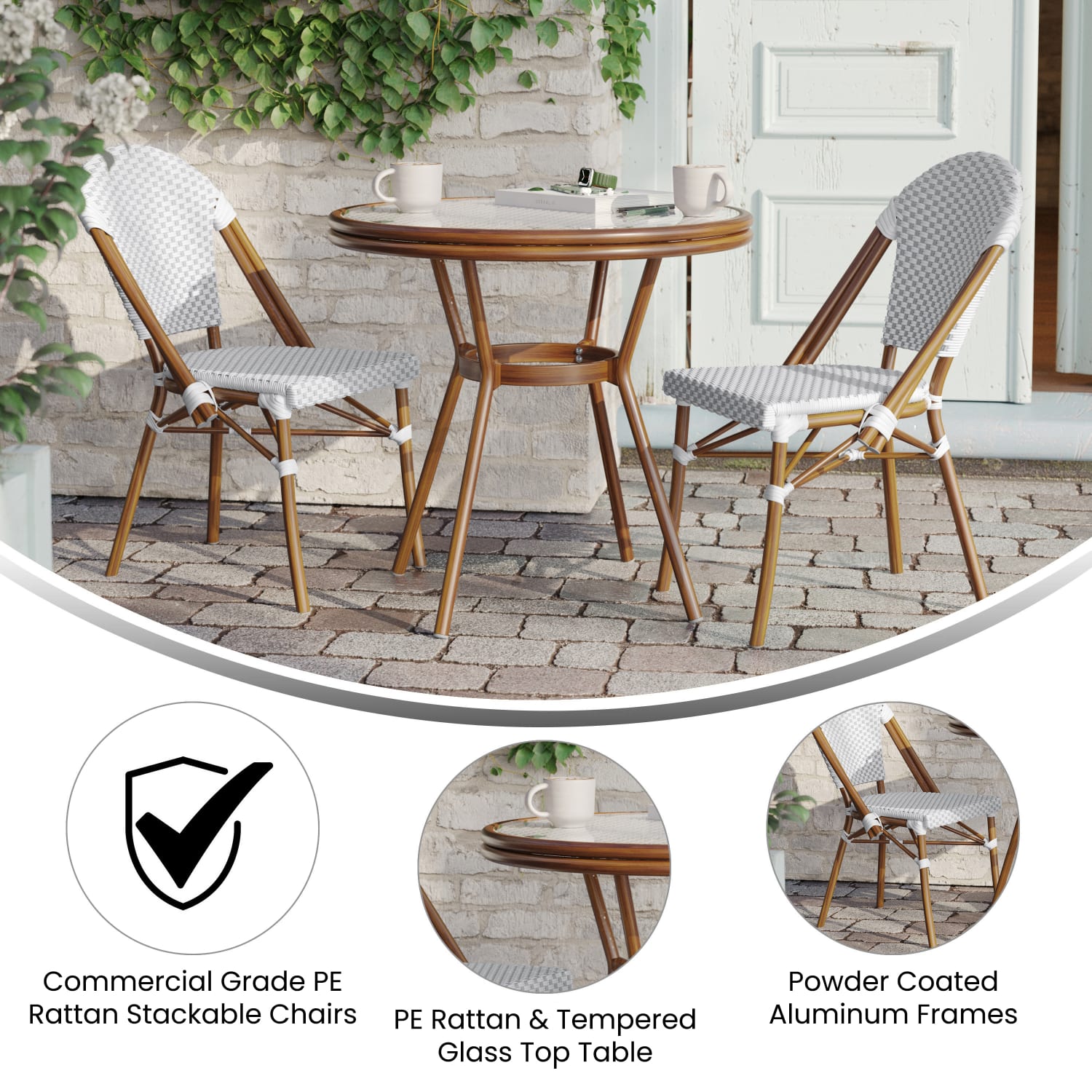 Flash Furniture Lourdes Indoor/Outdoor Commercial Bistro 31.5in Table, PE Rattan, Glass Top with 2 Stack Chairs, White & Gray Rattan/Natural Frame - Image 4