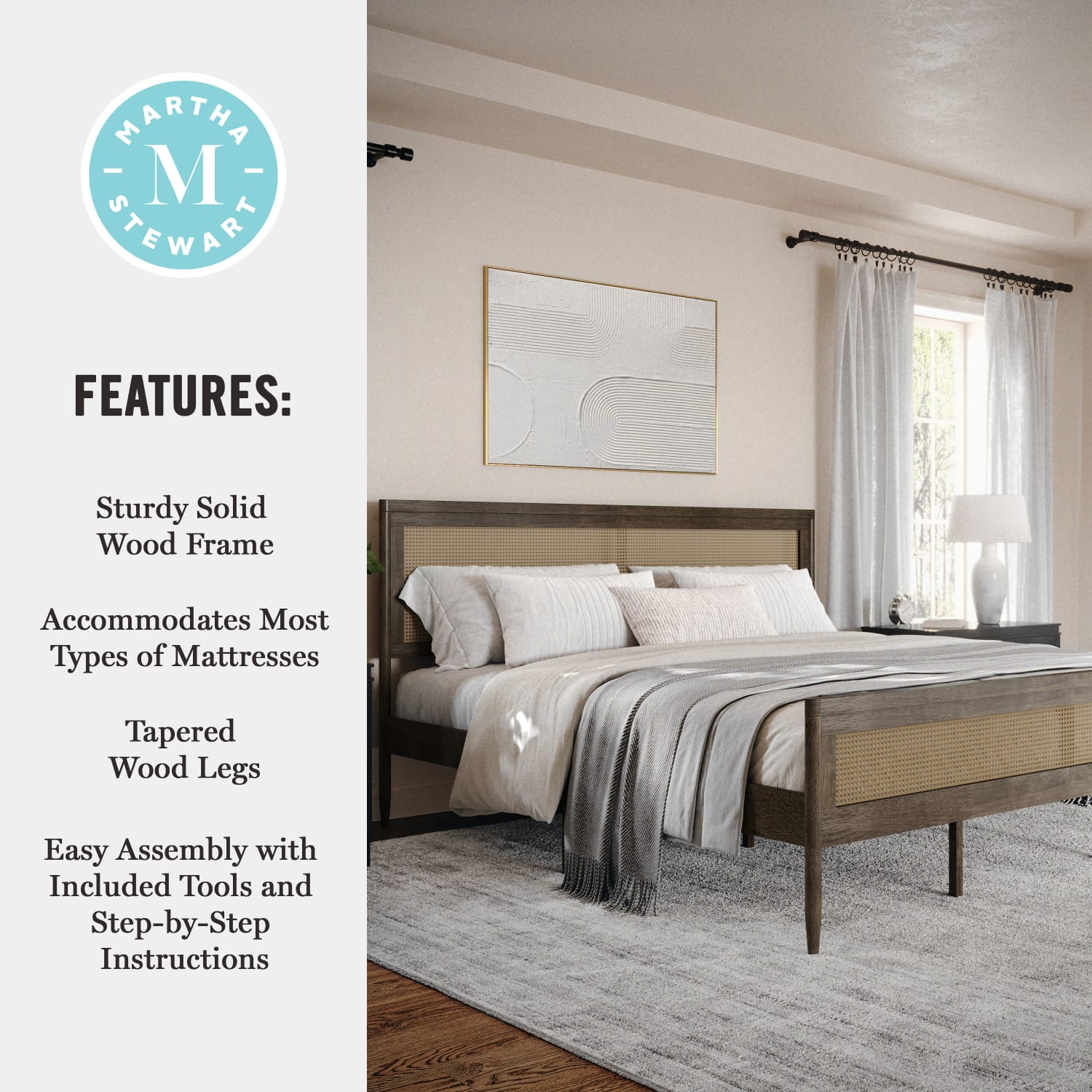 Martha Stewart Jax Solid Wood Platform Bed with Rattan Headboard and Footboard, No Box Spring Required, Brown Gray, King - Image 5