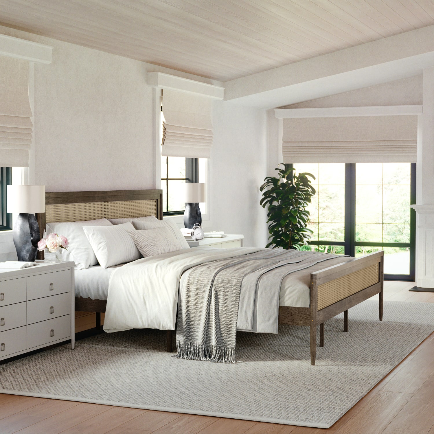 Martha Stewart Jax Solid Wood Platform Bed with Rattan Headboard and Footboard, No Box Spring Required, Brown Gray, King - Image 6
