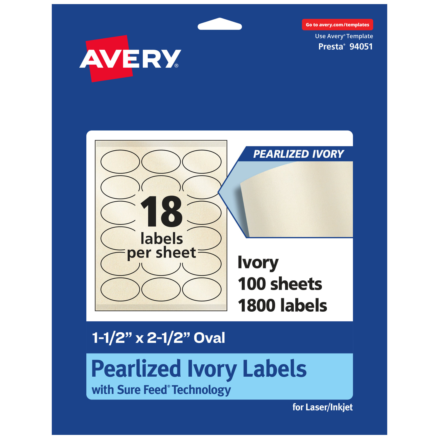 Avery Pearlized Permanent Labels With Sure Feed, 94051-PIP100, Oval, 1-1/2in x 2-1/2in, Ivory, Pack Of 1,800 Labels