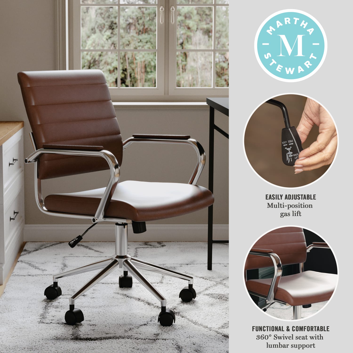 Martha Stewart Piper Faux Leather Upholstered Mid-Back Executive Office Chair, Saddle Brown/Polished Nickel - Image 5