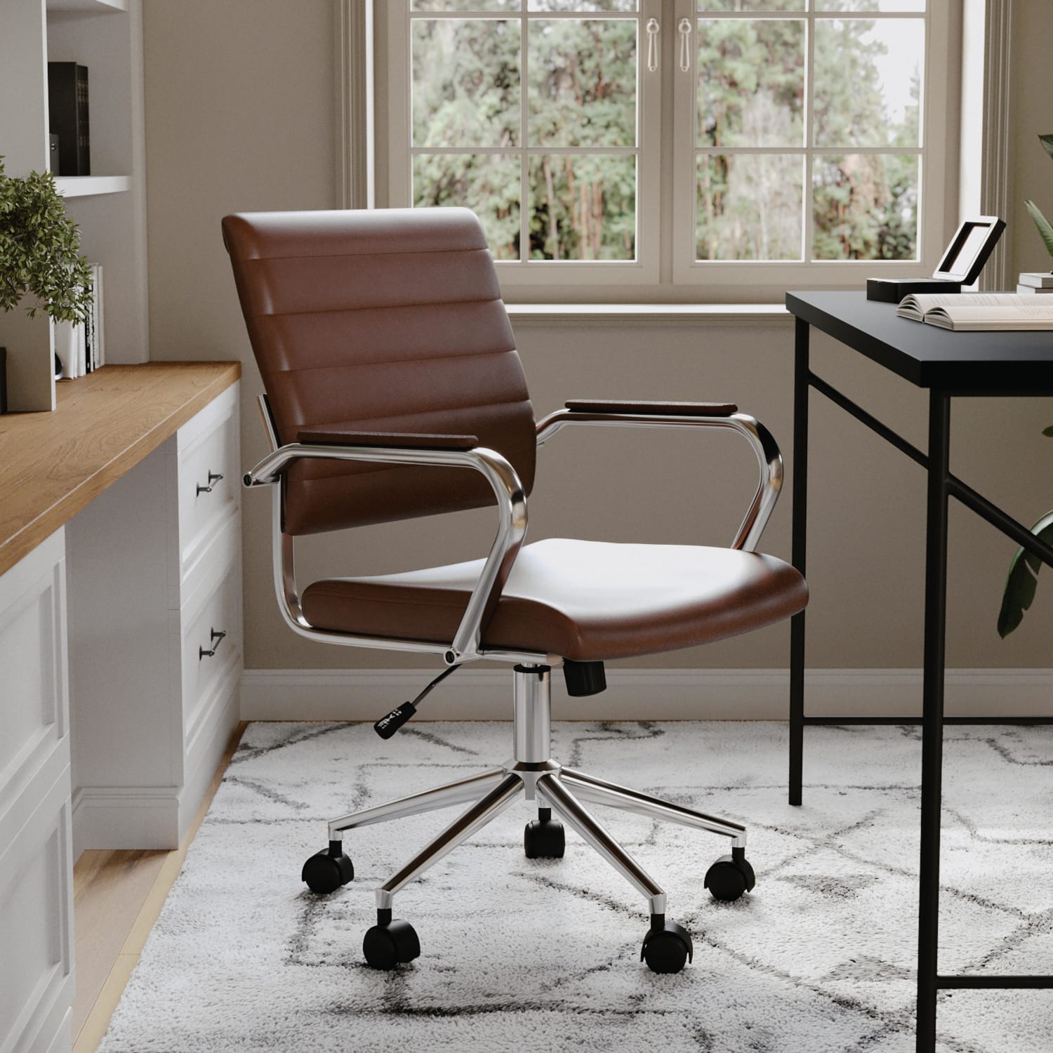 Martha Stewart Piper Faux Leather Upholstered MidBack Executive Office Chair Saddle BrownPolished Nickel PopularChairscom Martha Stewart Piper Faux Leather Upholstered Mid Back Executive Office Chair Saddle BrownPolished Nickel PopularChairscom