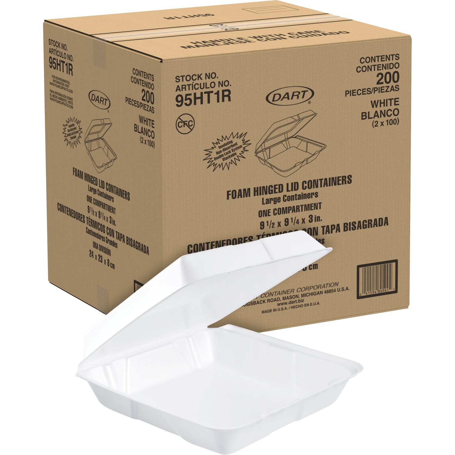 Dart Carryout Food Containers, Foam-Hinged, 1 Compartment, 9 1/2in x 9 1/4in x 3in, White, Pack Of 200