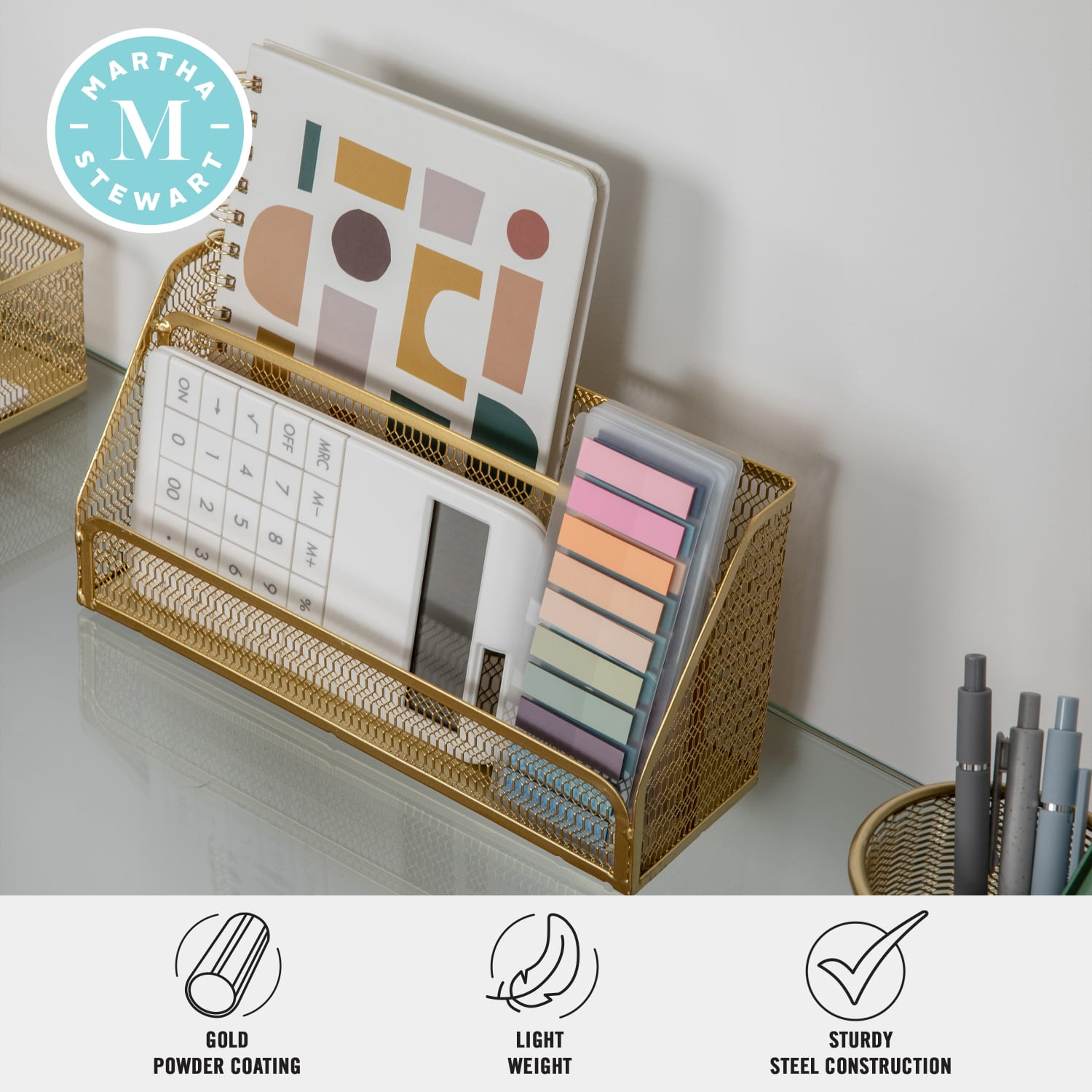 Martha Stewart Ryder Mesh Metal 6-Piece Desktop Organizer Set, Gold - Image 4