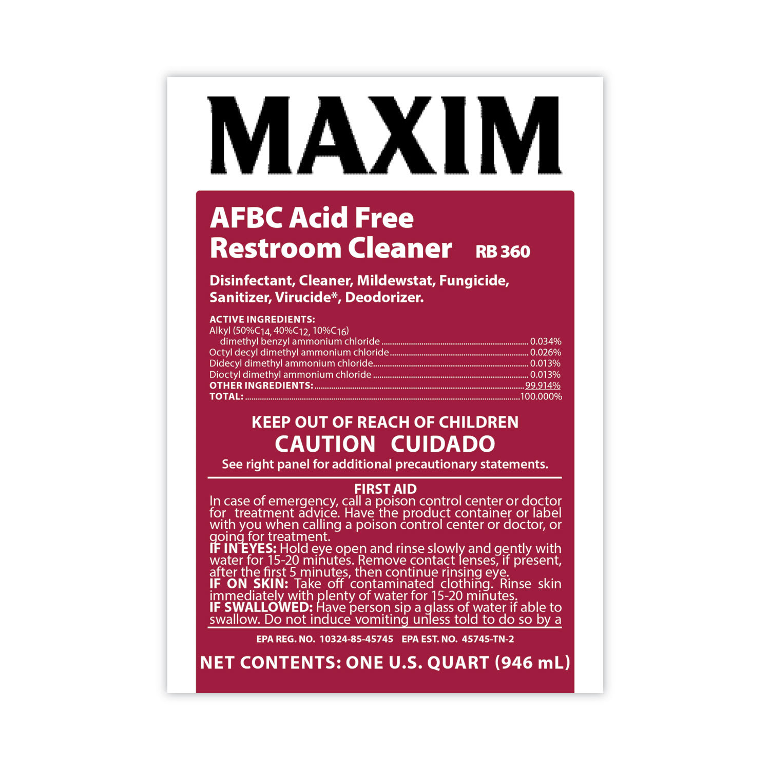 Maxim AFBC Acid-Free Restroom Cleaner, Safe-to-Ship, Fresh Scent, 32 oz Bottle, 6/Carton - Image 5