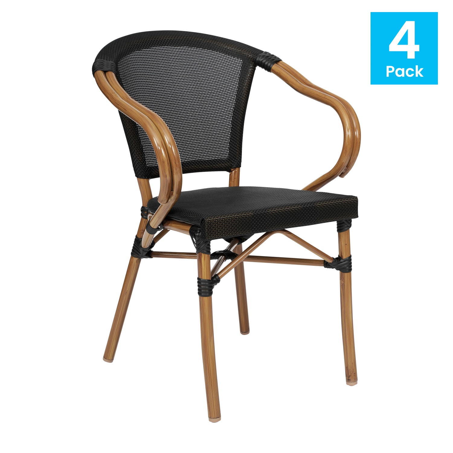 Flash Furniture 4 Pack Marseille Indoor/Outdoor Commercial Bistro Stacking Chair with Arms, Black/Natural Frame -4SDAS64218BKN - Image 3