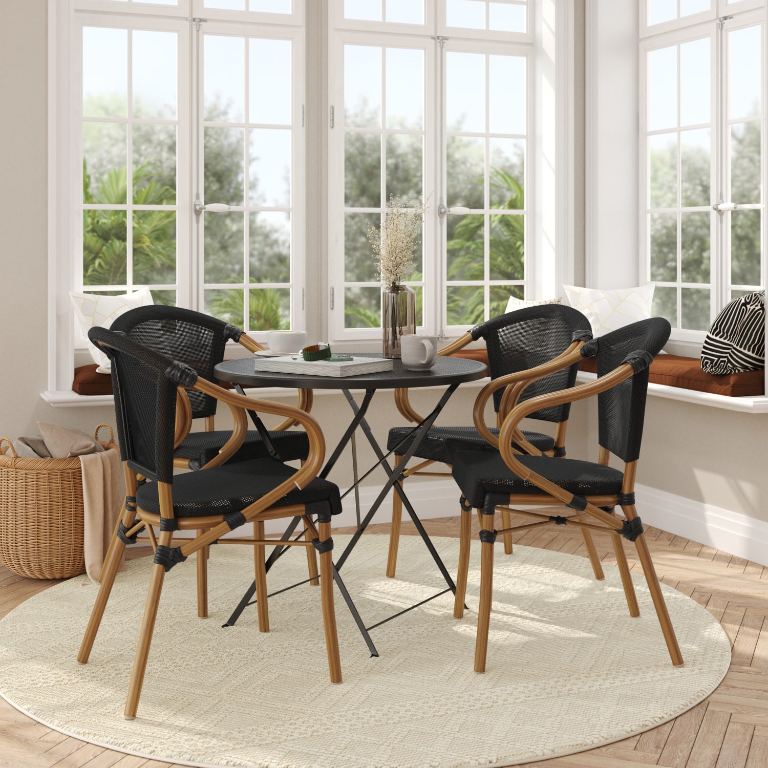 Flash Furniture 4 Pack Marseille Indoor/Outdoor Commercial Bistro Stacking Chair with Arms, Black/Natural Frame -4SDAS64218BKN - Image 4