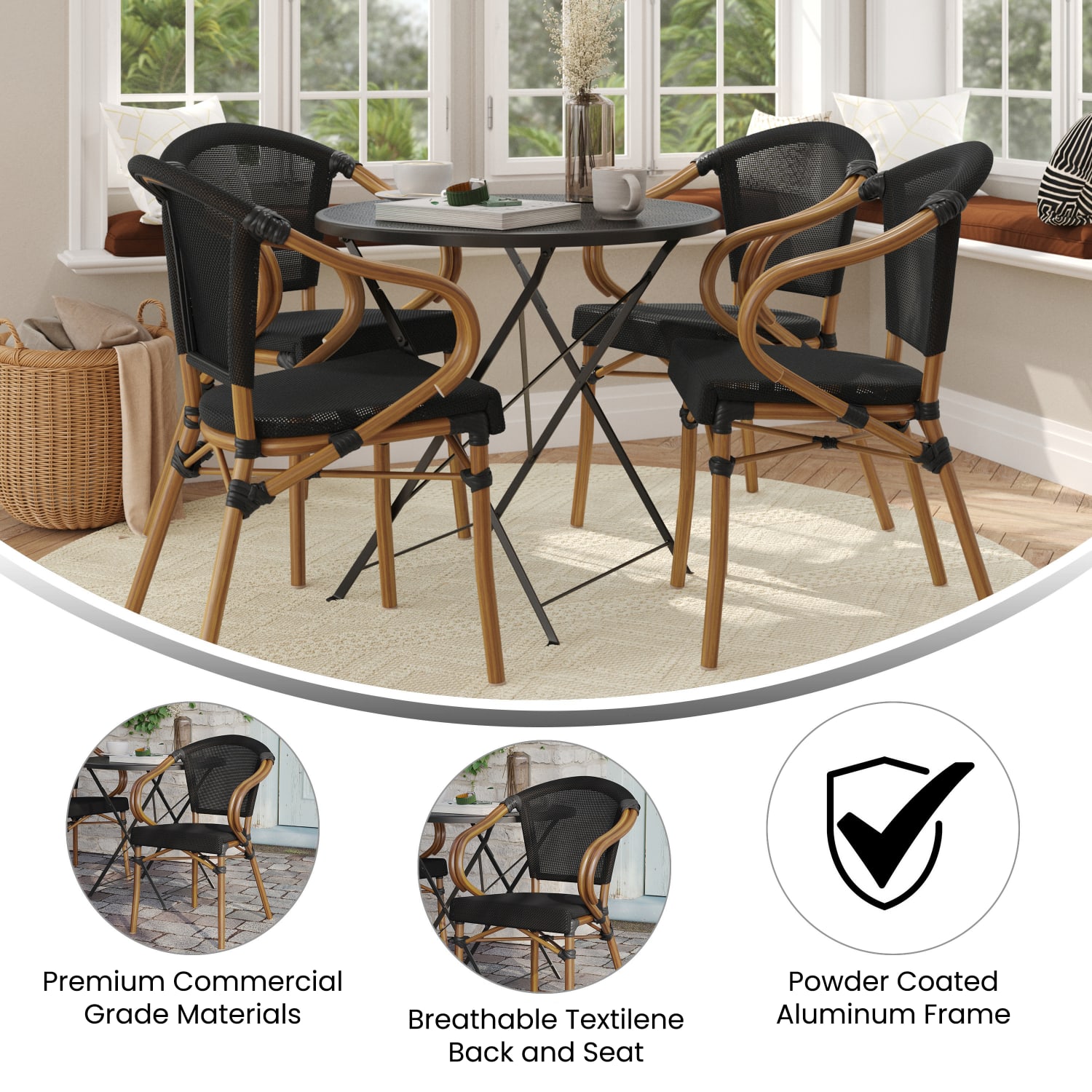 Flash Furniture 4 Pack Marseille Indoor/Outdoor Commercial Bistro Stacking Chair with Arms, Black/Natural Frame -4SDAS64218BKN - Image 5