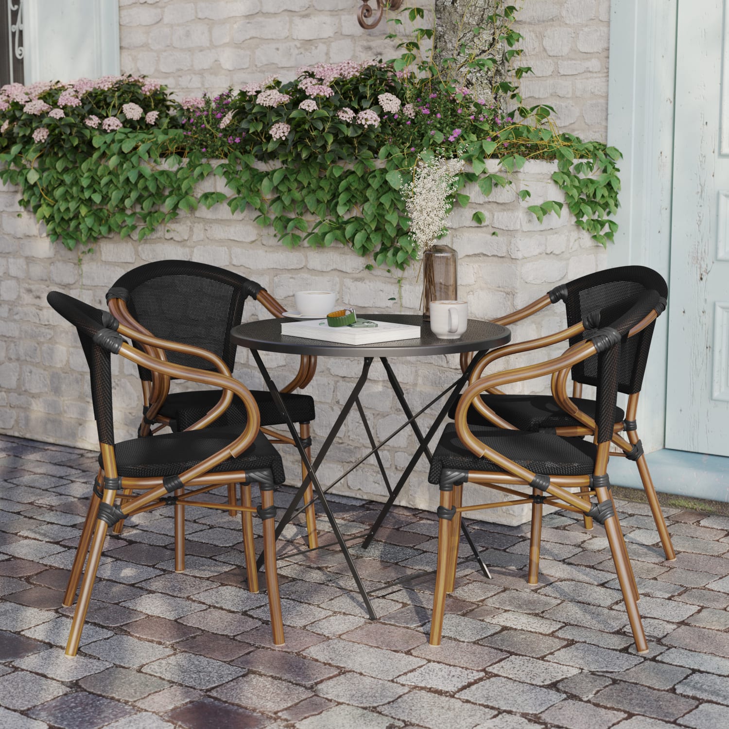 Flash Furniture 4 Pack Marseille Indoor/Outdoor Commercial Bistro Stacking Chair with Arms, Black/Natural Frame -4SDAS64218BKN - Image 6