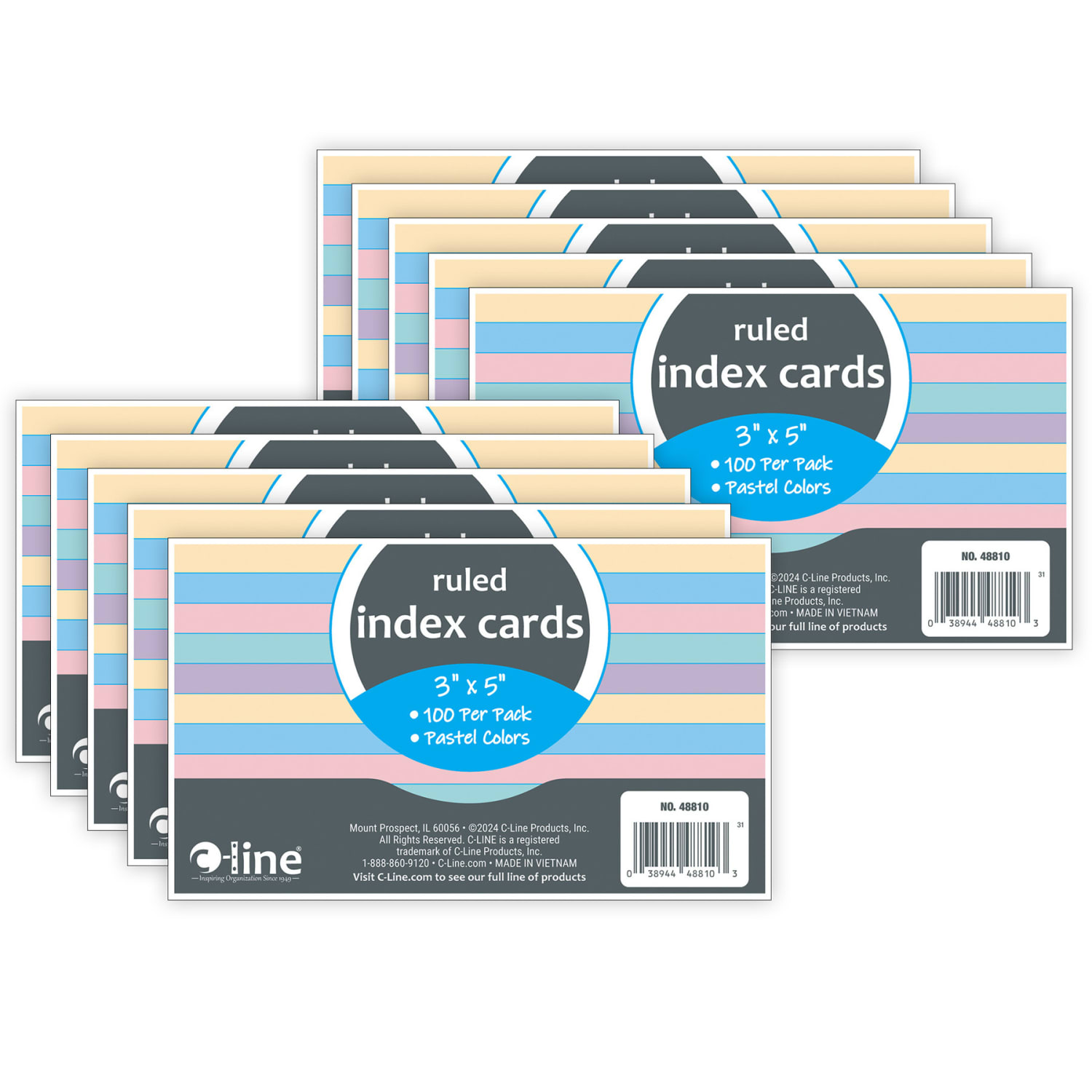 C-Line Index Cards, 3in x 5in, Assorted Colors, Ruled, 100 Per Pack, Set Of 10 Packs