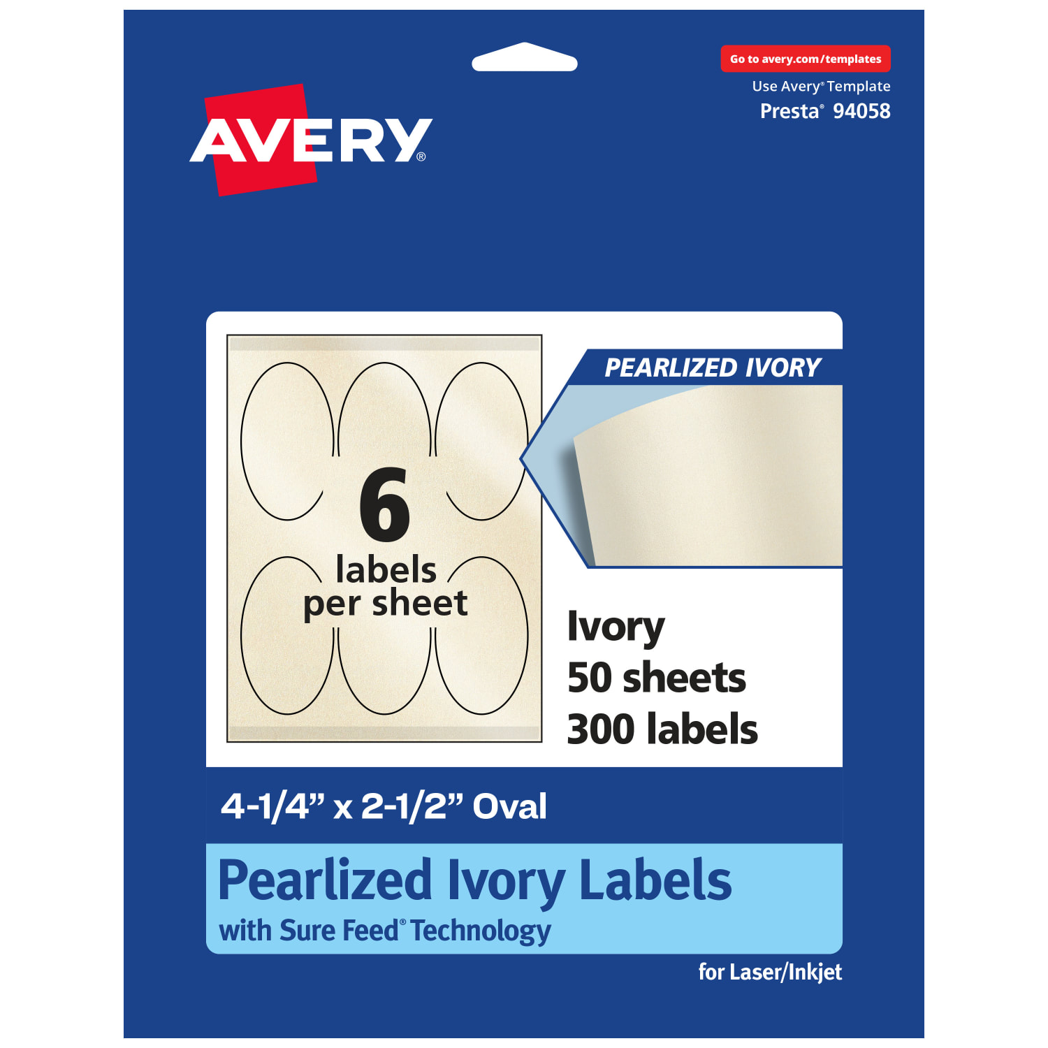 Avery Pearlized Permanent Labels With Sure Feed, 94058-PIP50, Oval, 4-1/4in x 2-1/2in, Ivory, Pack Of 300 Labels