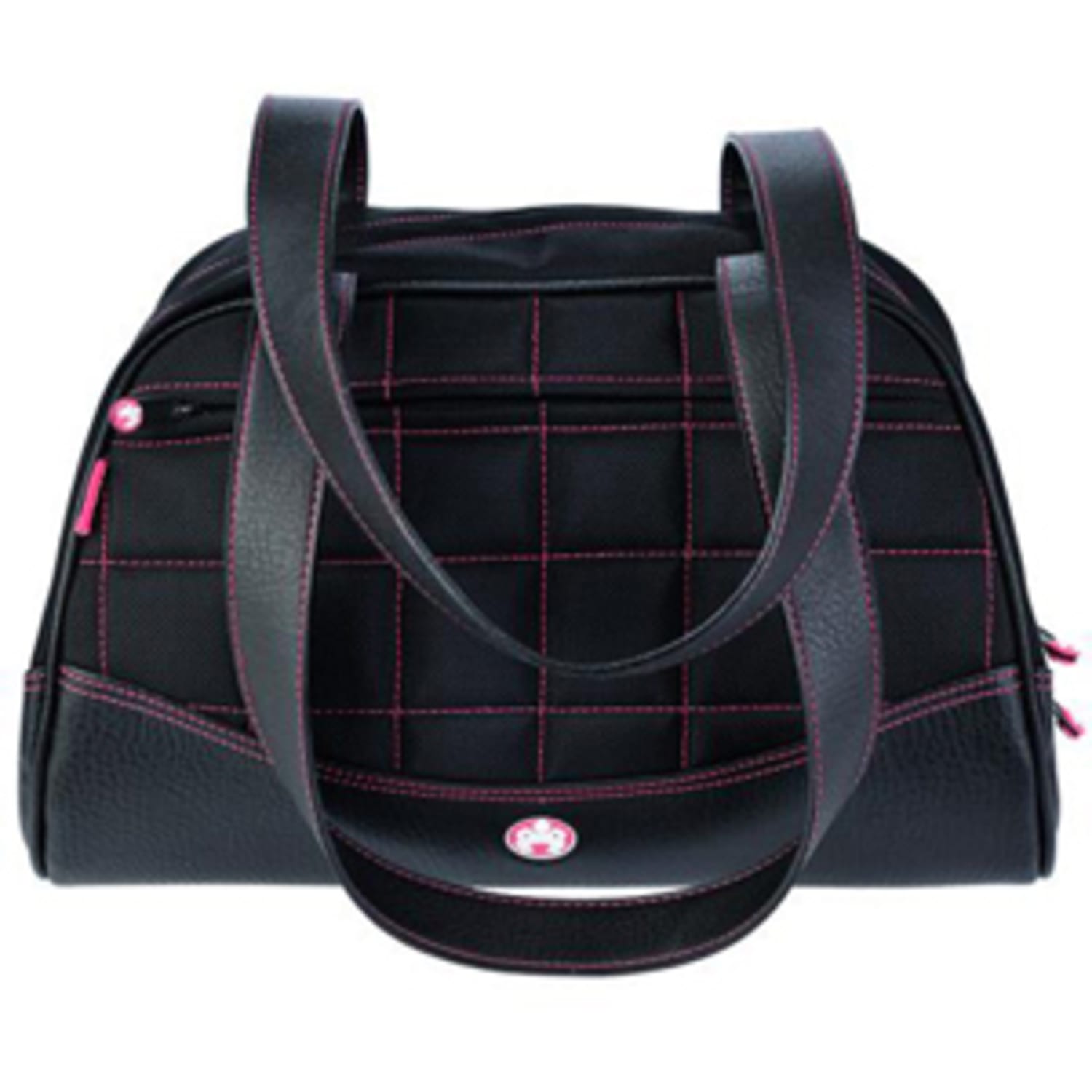 faux leather black with pink stitching