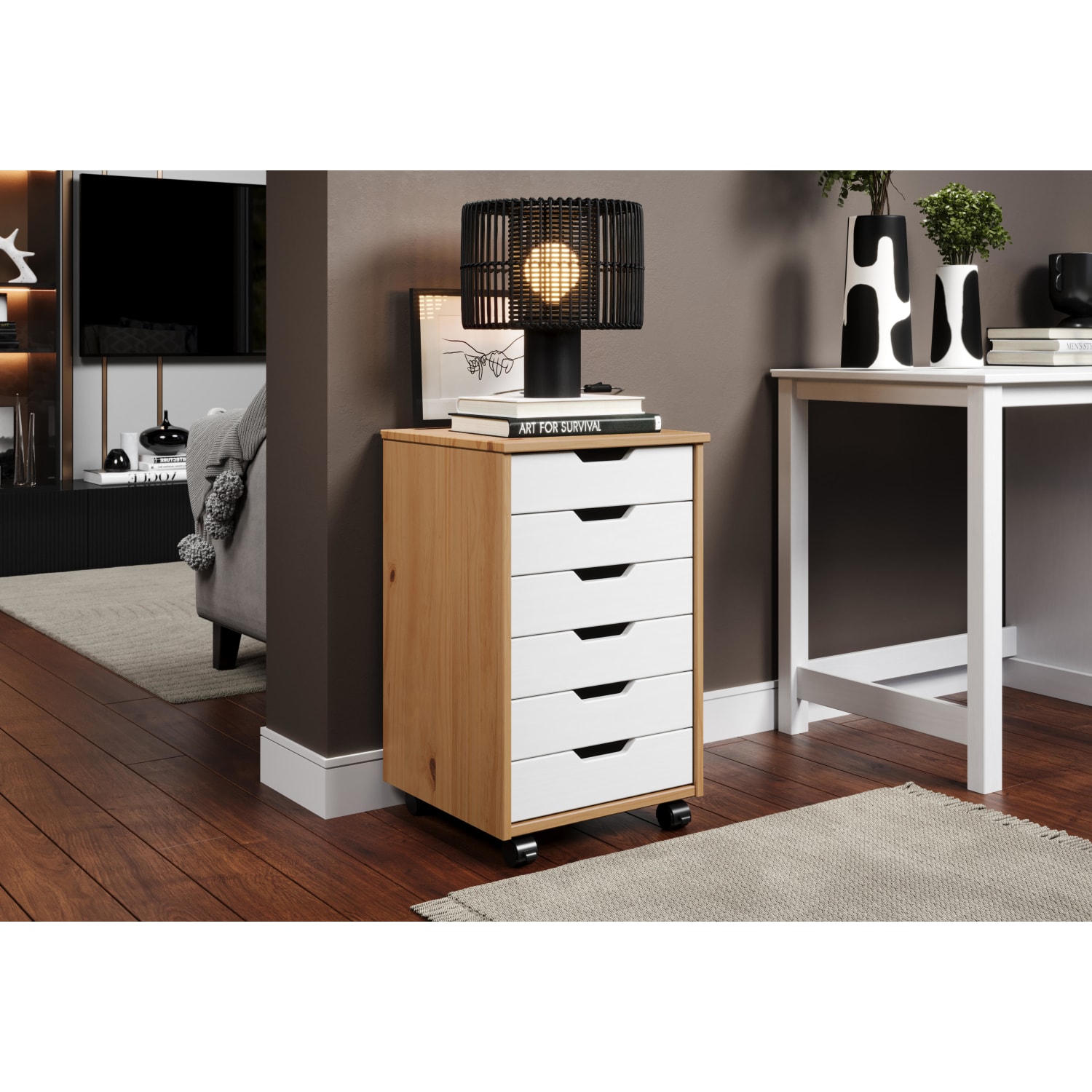 Trendfurn Omnia Wide Roll Cart, 6 Drawers, 25-3/4in x 16-1/8in, White/Honey - Image 4