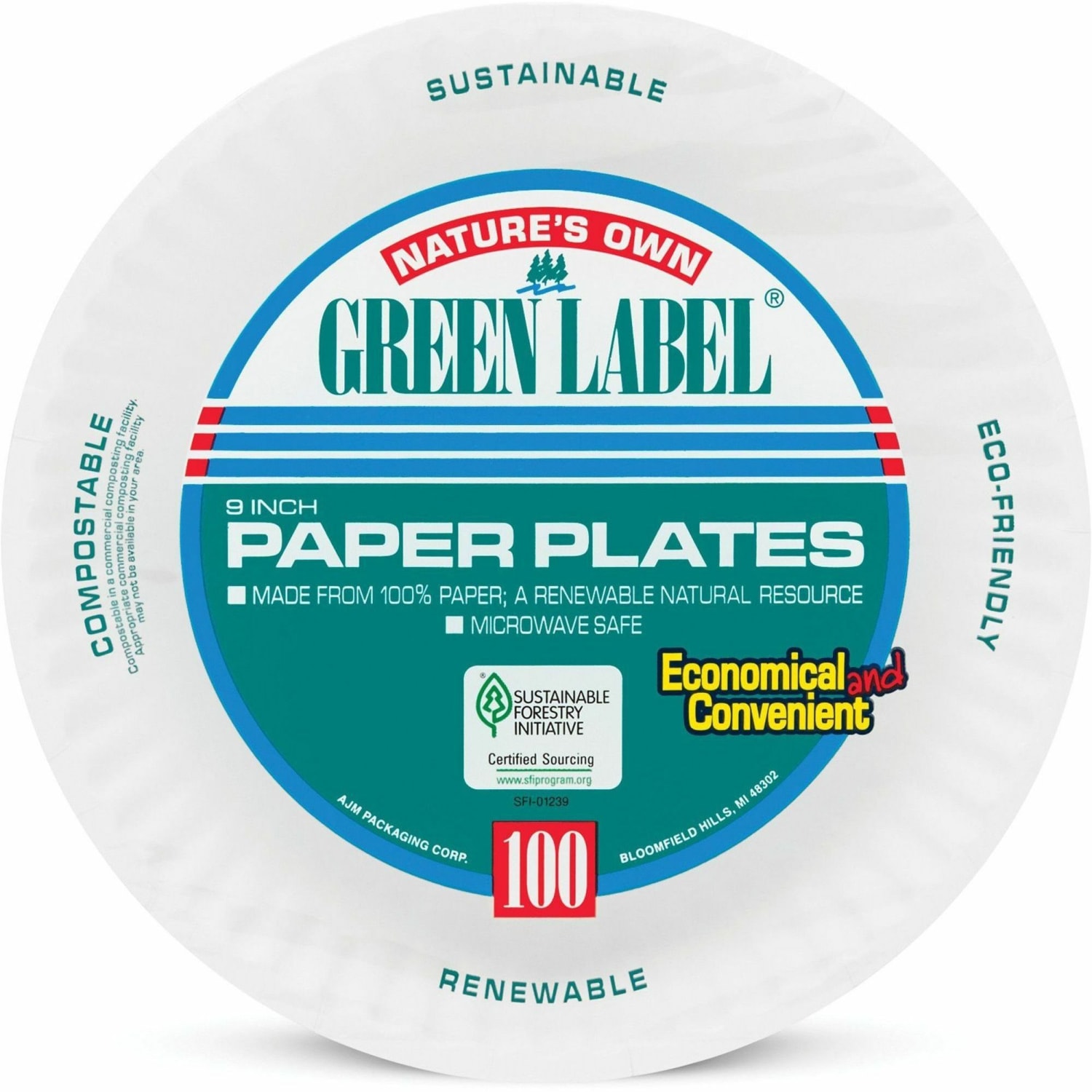 AJM Packaging Green Label Paper Plates, 9in, White, 100 Plates Per Pack, Case Of 10 Packs - Image 3